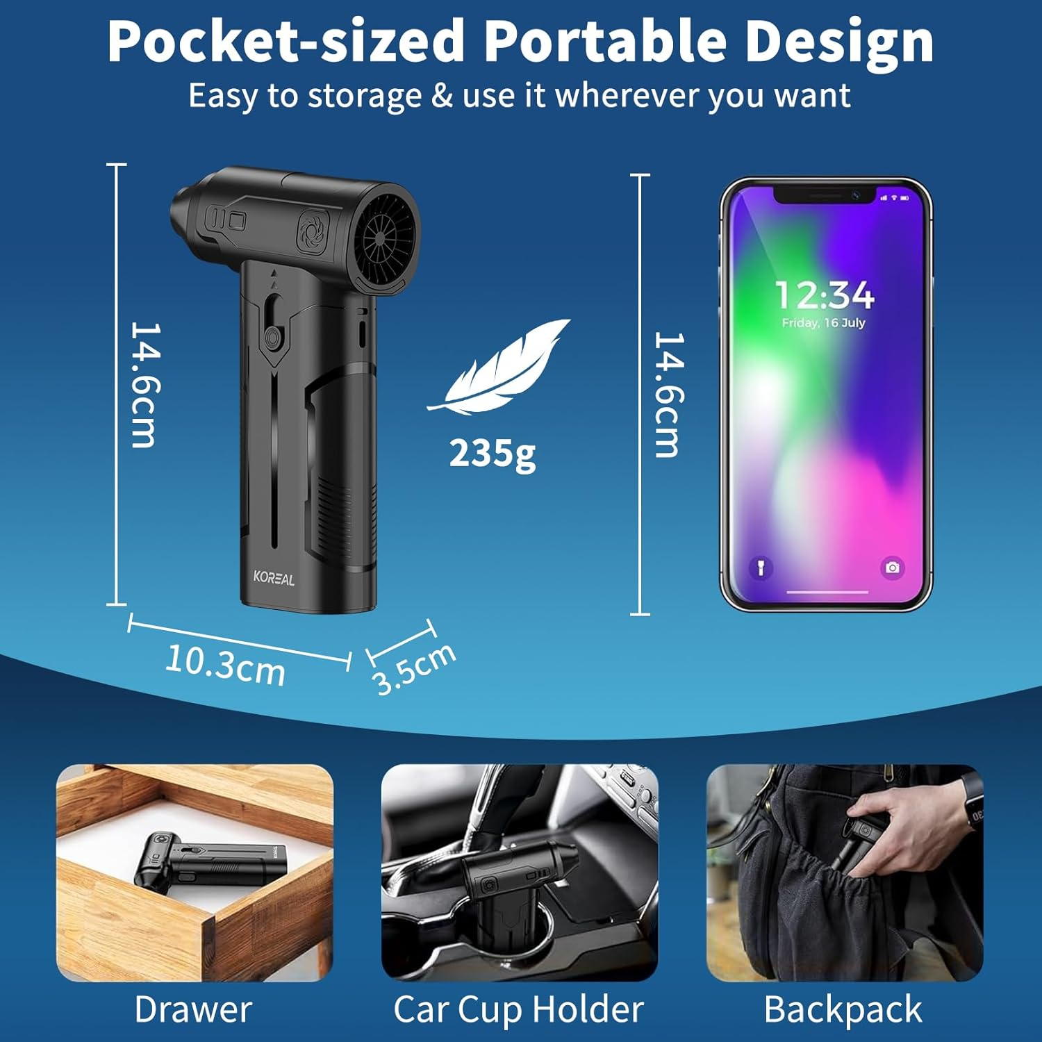 Compressed Air Duster, Koreal 130000RPM Multi-Gear Adjustable Electric Air Duster, Replaces Compressed Air Cans, Rechargeable Cordless Air Blower for Home Outdoor Computer Keyboard Car image number 2