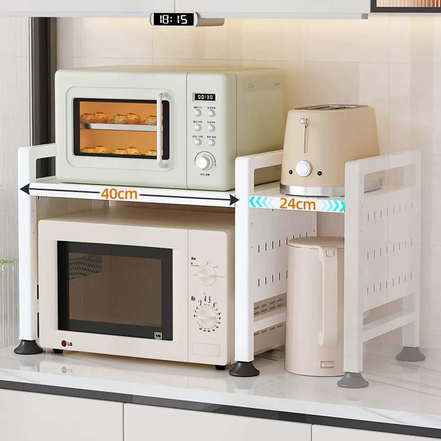 QNA Multifunctional Microwave Shelf, 2 Tier Oven Stand, Kitchen Storage & Organisation, Countertop Organizer with Adjustable Width & Height (Black) image number 3