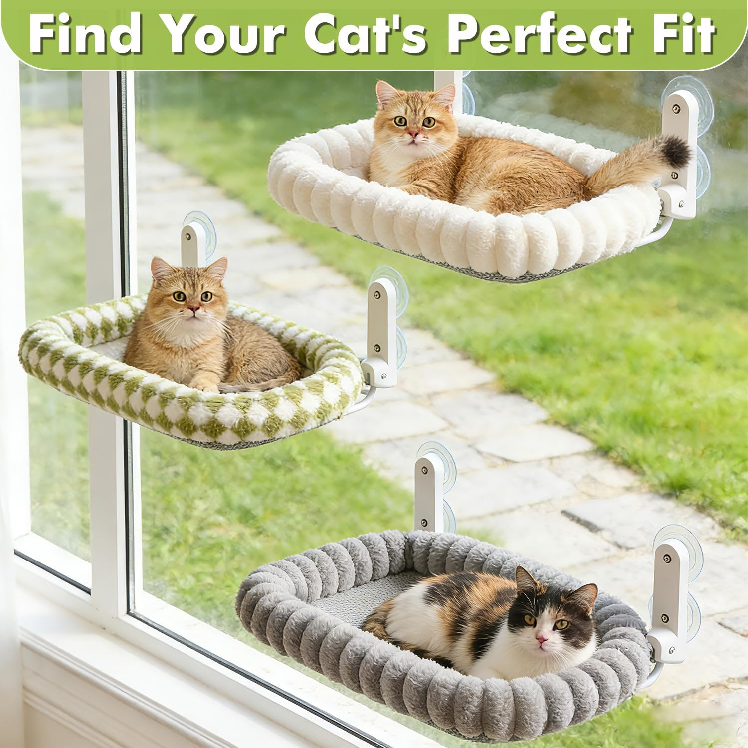 Zoratoo Cat Window Perch with Bolster, Cordless Foldable Cat Window Hammock with Strong Suction Cups & Metal Frame, Machine Washable Pet Bed for Indoor Cats (Green, Medium)