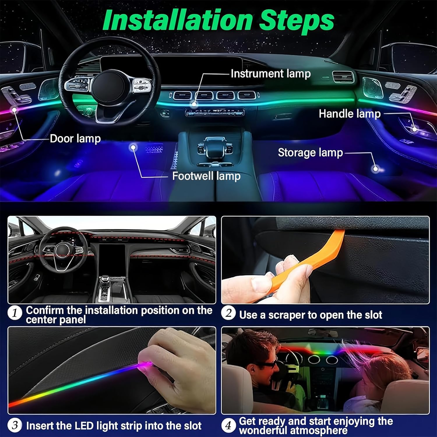 Acrylic Interior Car LED Lights 6-In-1 Kit, APP Control with USB Port, RGB Music Sync Ambient Lighting, Neon Strip for Dashboard & 4 Doors, Universal for Cars Trucks SUV image number 5