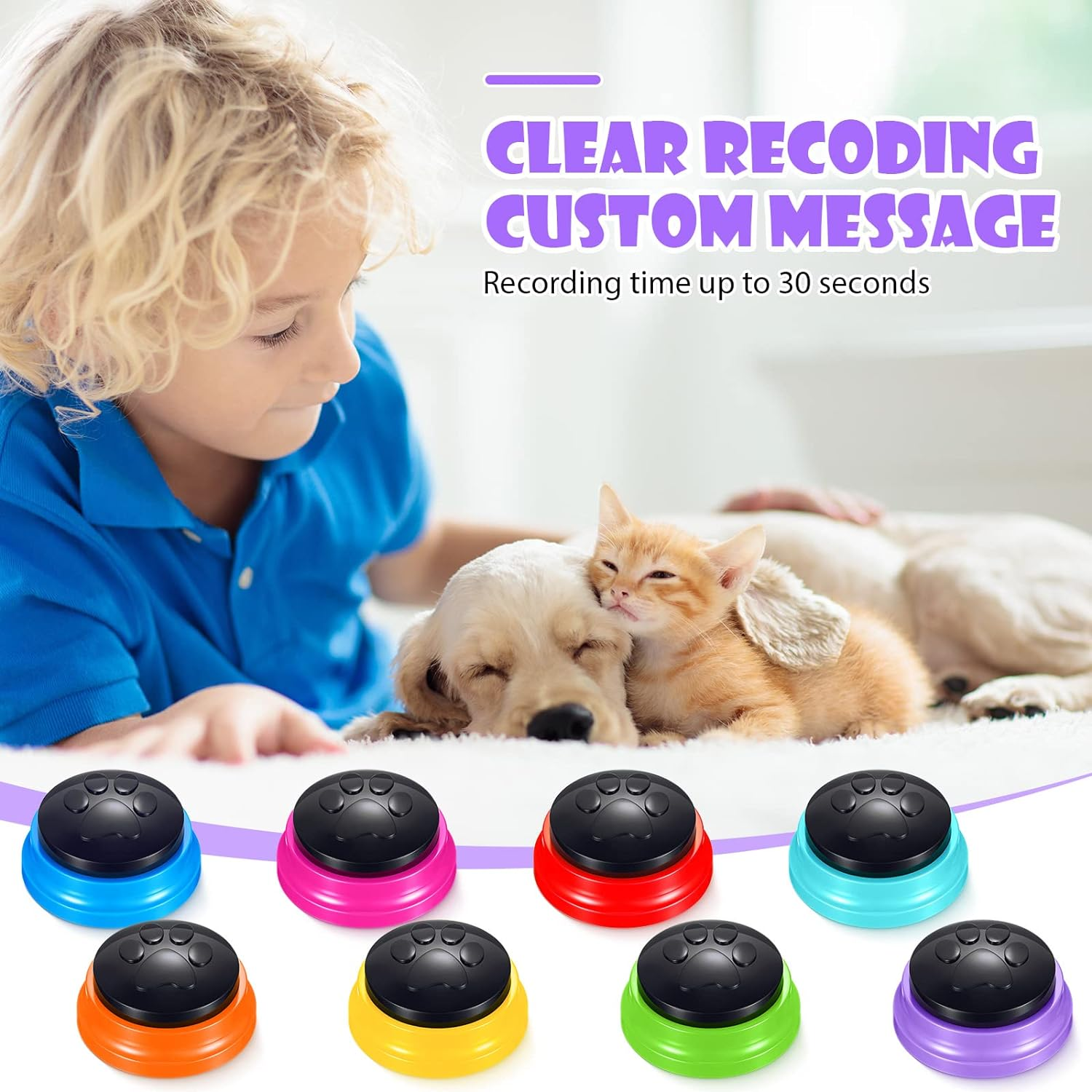 Yunsailing 8 Pack Voice Recording Button Dog Buttons Communication Recordable Buttons Dog Cat Talking Button Pet Training Buzzer, 30 Second Recording Buzzers Pet Learning, Office Game, 8 Colors