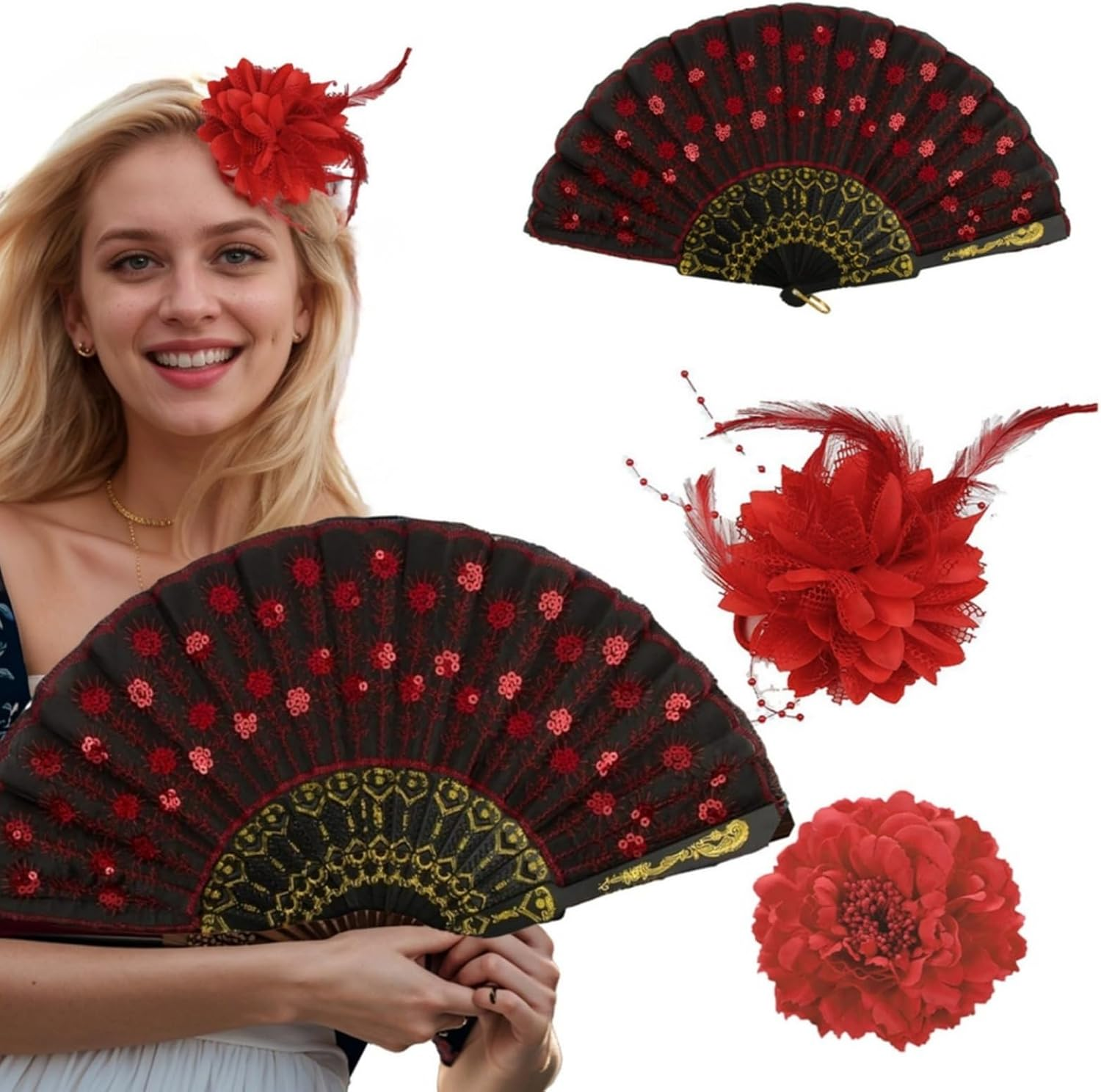 Axvxby B0DLNRM26R Axvxby 3 Piece Chinese Style Large Red Faux Flower Peony Hair Clip + Red Feather Headpiece + Folding Fan with Flowers for Women Hair image number 4