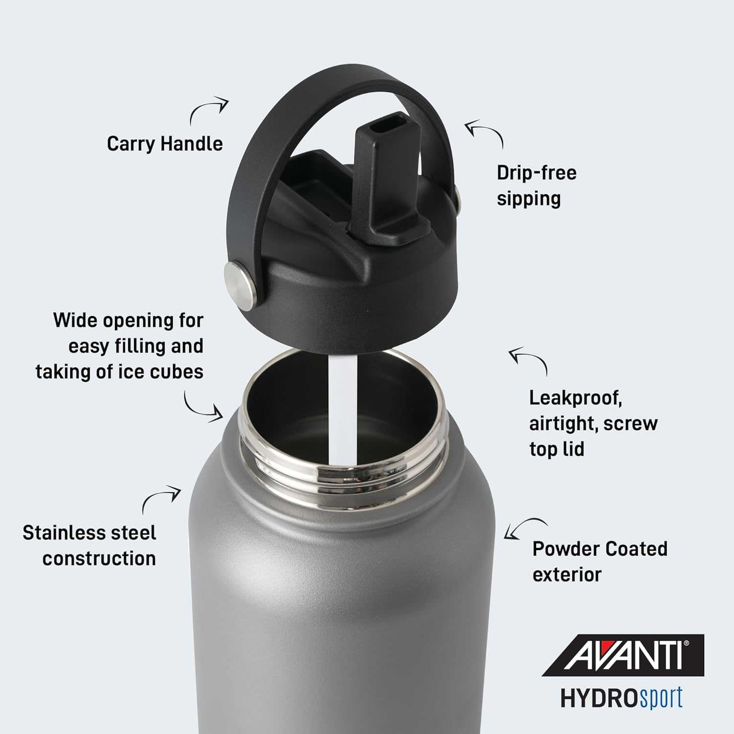 Avanti Hydrosport Sipper Insulated Water Bottle, 1.1 Litre - Platinum image number 2