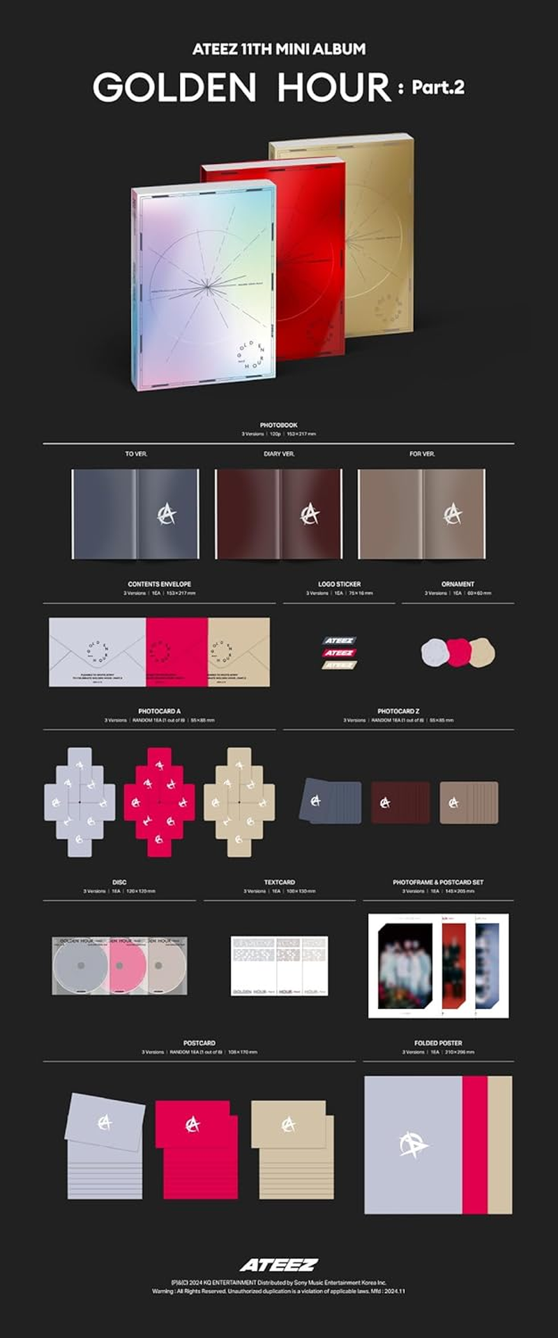 ATEEZ GOLDEN HOUR PART.2 11Th Mini Album Standard to Version Cd+120P Photobook+1Ea Sticker+1Ea Ornament+2P Photocard+1P Folded Poster on Pack+Etc+Tracking Sealed ATZ