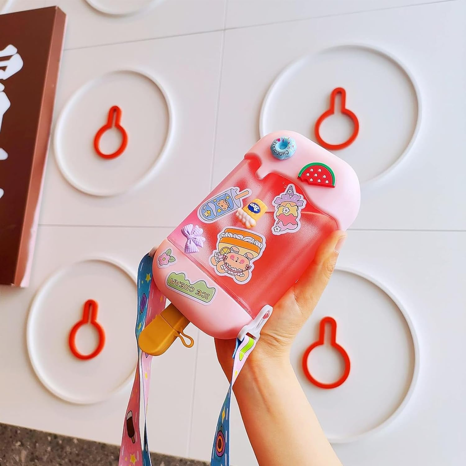 Kawaii Water Bottle Cute Ice Cream Water Bottles with Straw, Kawaii Popsicle Water Bottle with Adjustable Shoulder Strap and Stickers, Popsicle Cup for School Girls and Boys, Bpa-Free 400Ml (Pink) - Blue image number 6