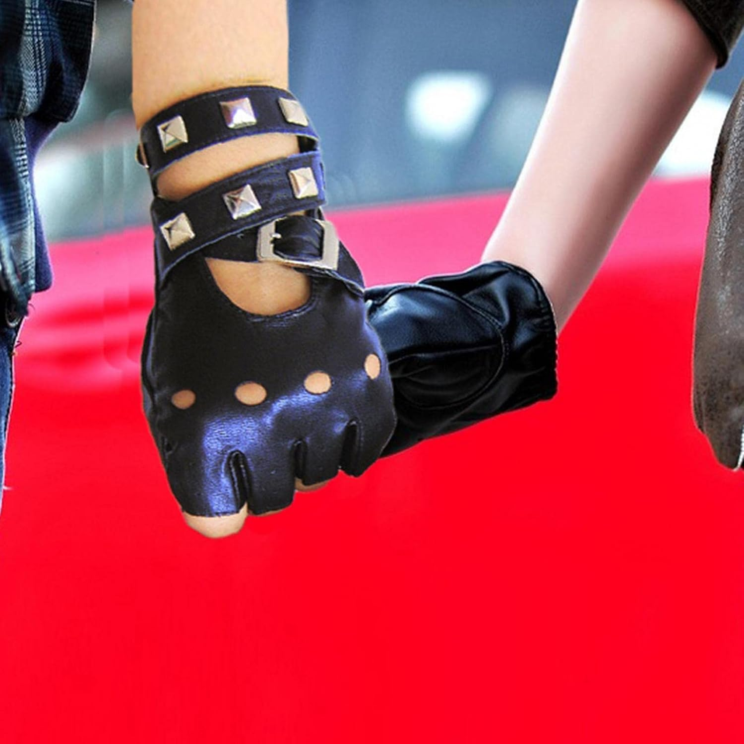 Punk Gloves,Hollow Rivet Fingerless Black Gloves | Kids PU Leather Fingerless Gloves, Outdoor Sports Cycling Cosplay Performance Half Finger Glove for Boys, - Red image number 6