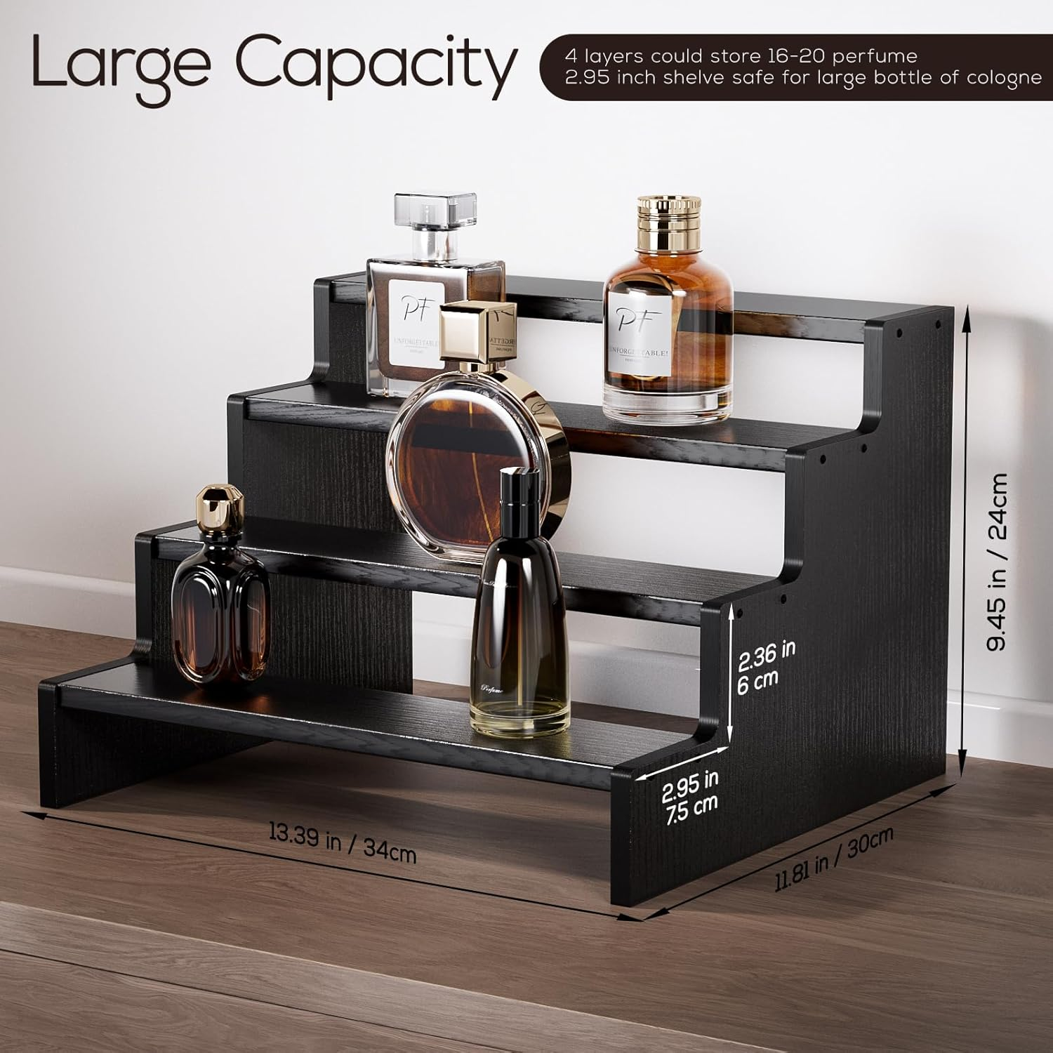 Procase Wooden Cologne Organizer for Men, 4 Tier Perfume Organizer Display Risers, Mens Cologne Stand Holder Organizer, Cologne Shelf Rack for Fragrances Candles Cosmetics Cupcake Figure -Black image number 7