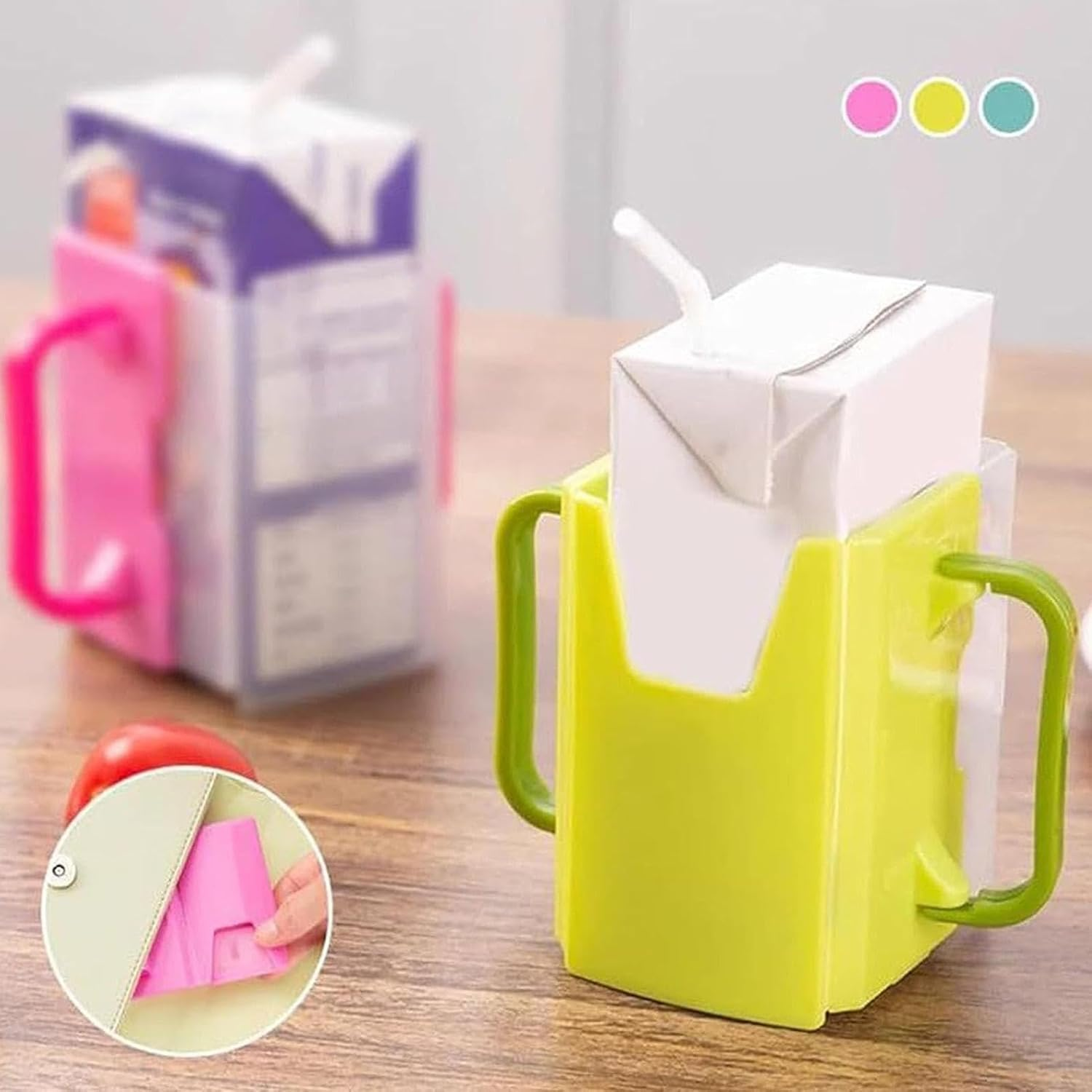 3 Pcs Milk Carton Holder, Squeeze Proof Pouch Holder, Drink Pouch Holder for Toddler, Adjustable and Portable Juice Bag Holder for Kids (Three Colours) image number 2
