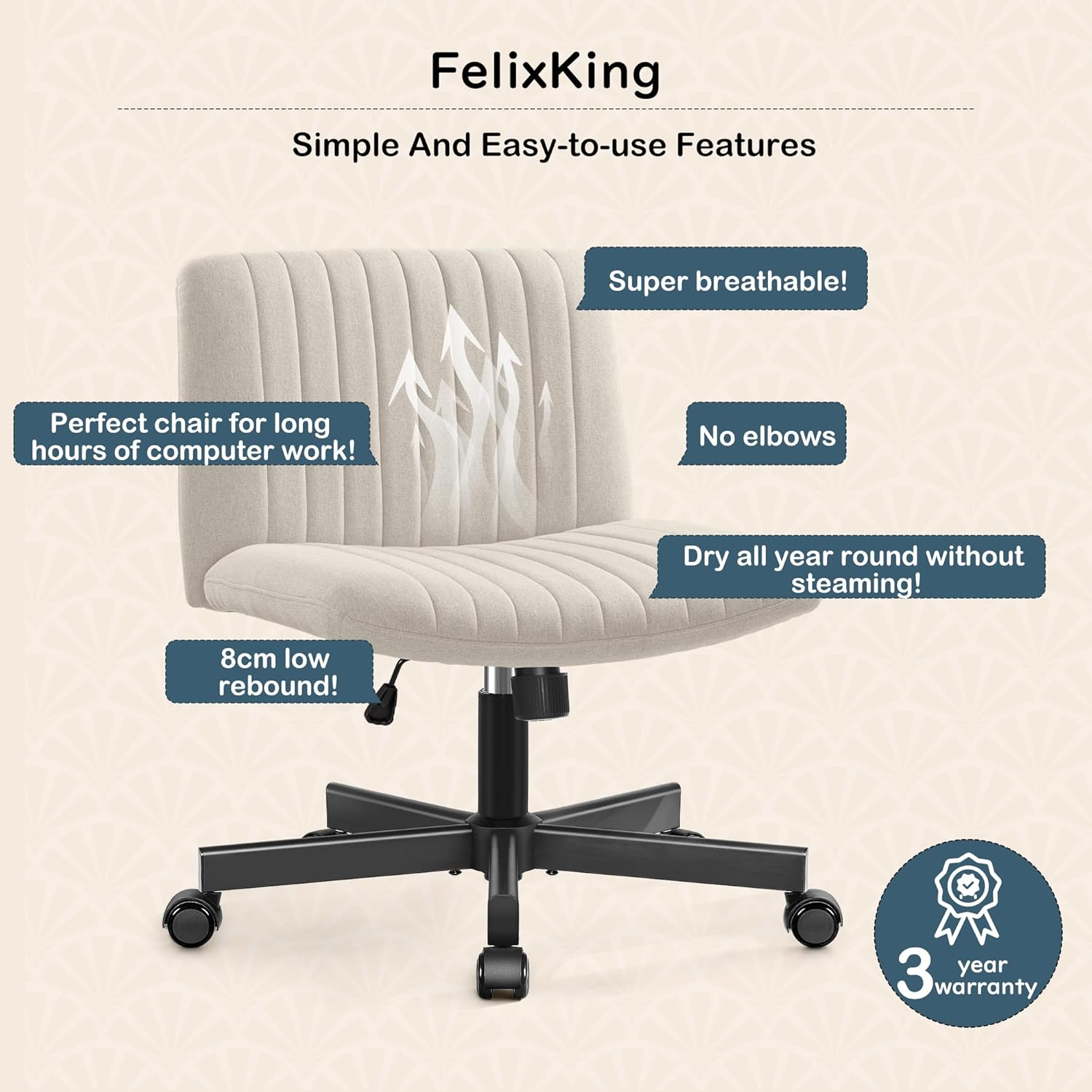 Cross Legged Desk Chair-Wide Seat Fabric Armless Chair Cloth Surface with Wheels, and Upholstered Cushioned Seat,Swivel Desk Chair for Home, Make Up, Bedroom Computer Task Chair, Beige