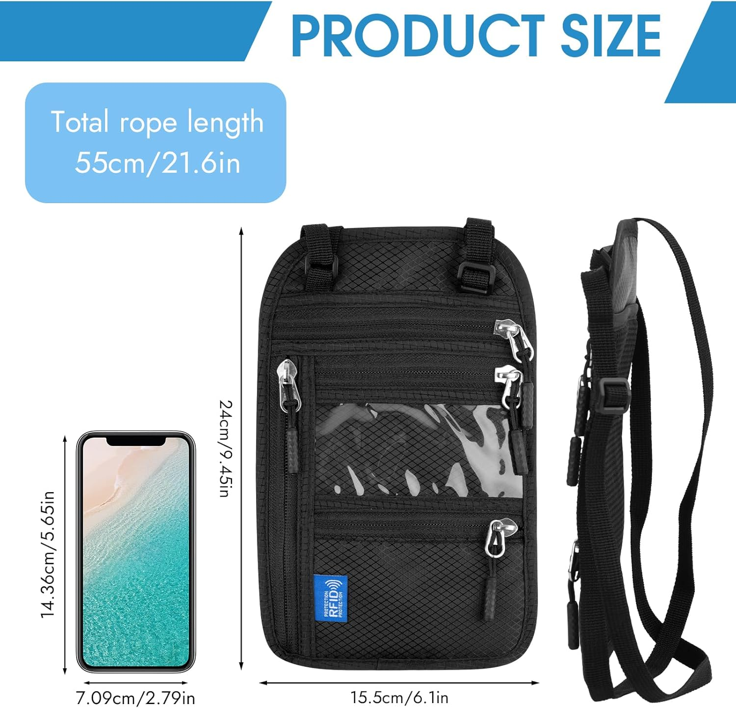 Neck Pouch with RFID Protection, Anti-Theft Chest Pocket Men, Waterproof Travel Wallet, Adjustable Unisex Security Pocket Travel for Passport Cards Smartphone Money, Black, 24*15.5Cm, Neck Pouch With image number 3