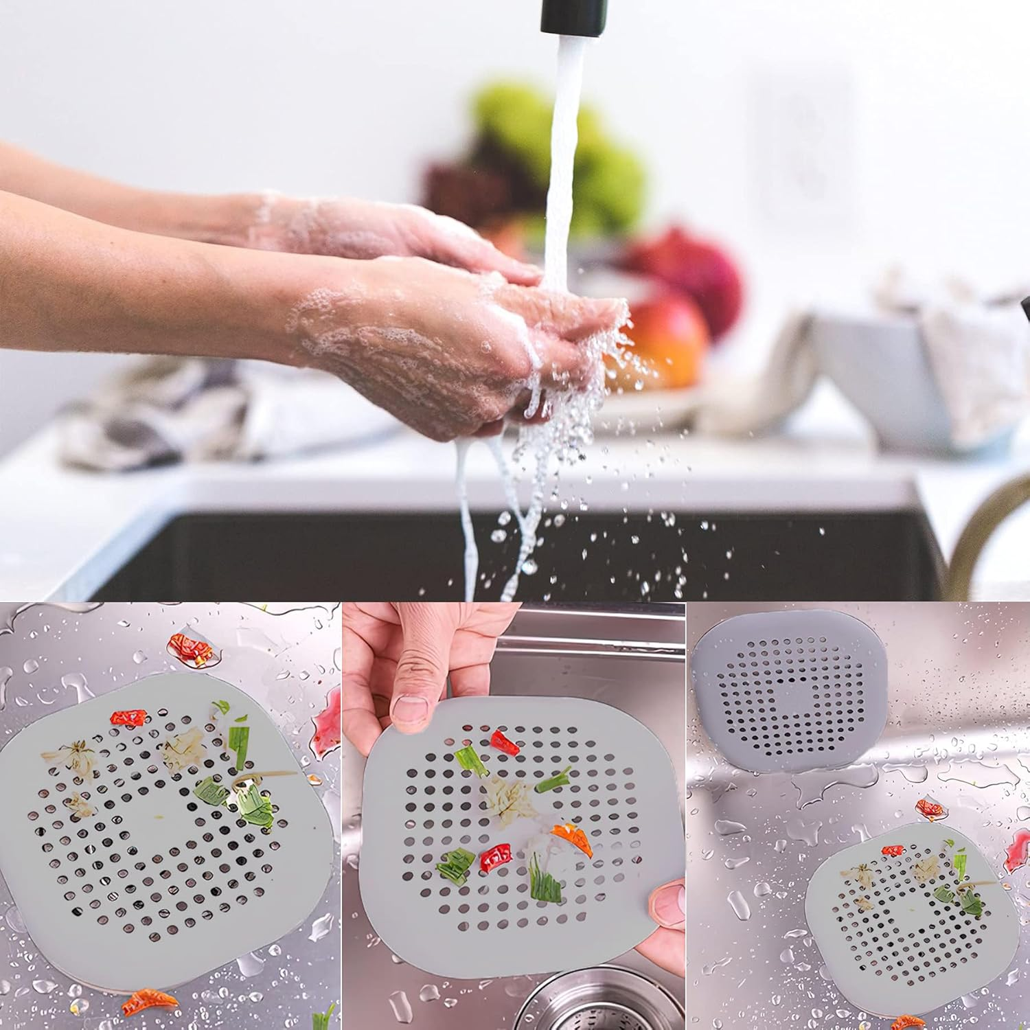 Hair Drain Catcher,4 Pack Square Drain Cover for Shower Silicone Hair Stopper with Suction Cup,Easy to Install Suit for Bathroom,Bathtub,Kitchen image number 3