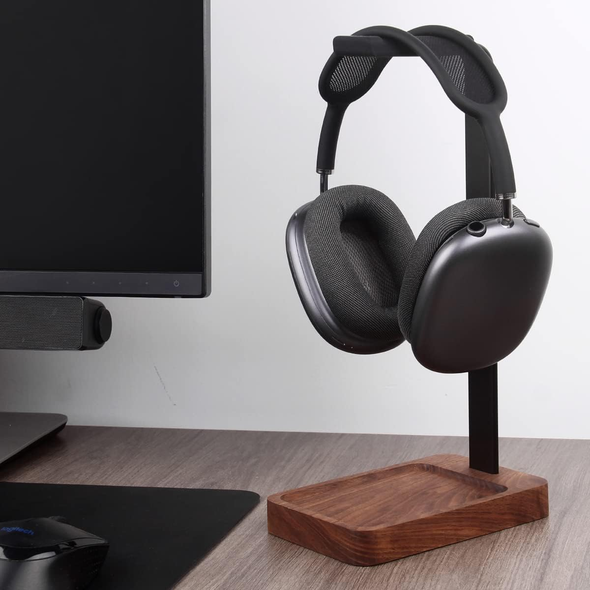 PHERKORM Walnut Wood & Aluminum Headset Holder, Desktop Headphone Stand, Universal Headphone Holder for Most Music Gaming Headsets - Black Walnut image number 4