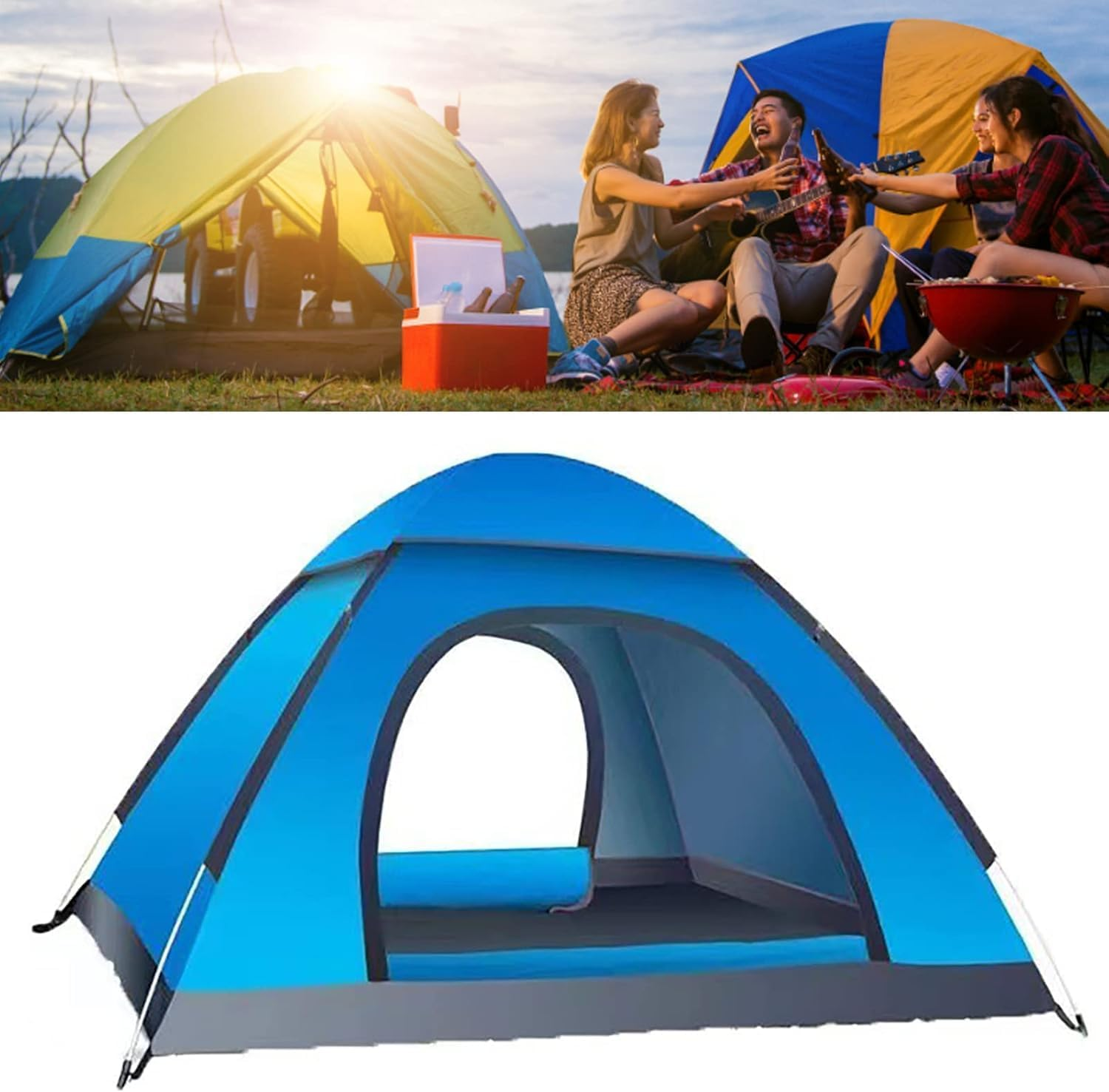 Camping Tent, 3/4 Person Pop up Camping Tent, Outdoor Easy Set up Automatic Travel Tent, Includes Pillow, Moisture-Proof Mat, Night Light, Portable Backpacking Waterproof Anti-Uv Sun Shelter Tent image number 2