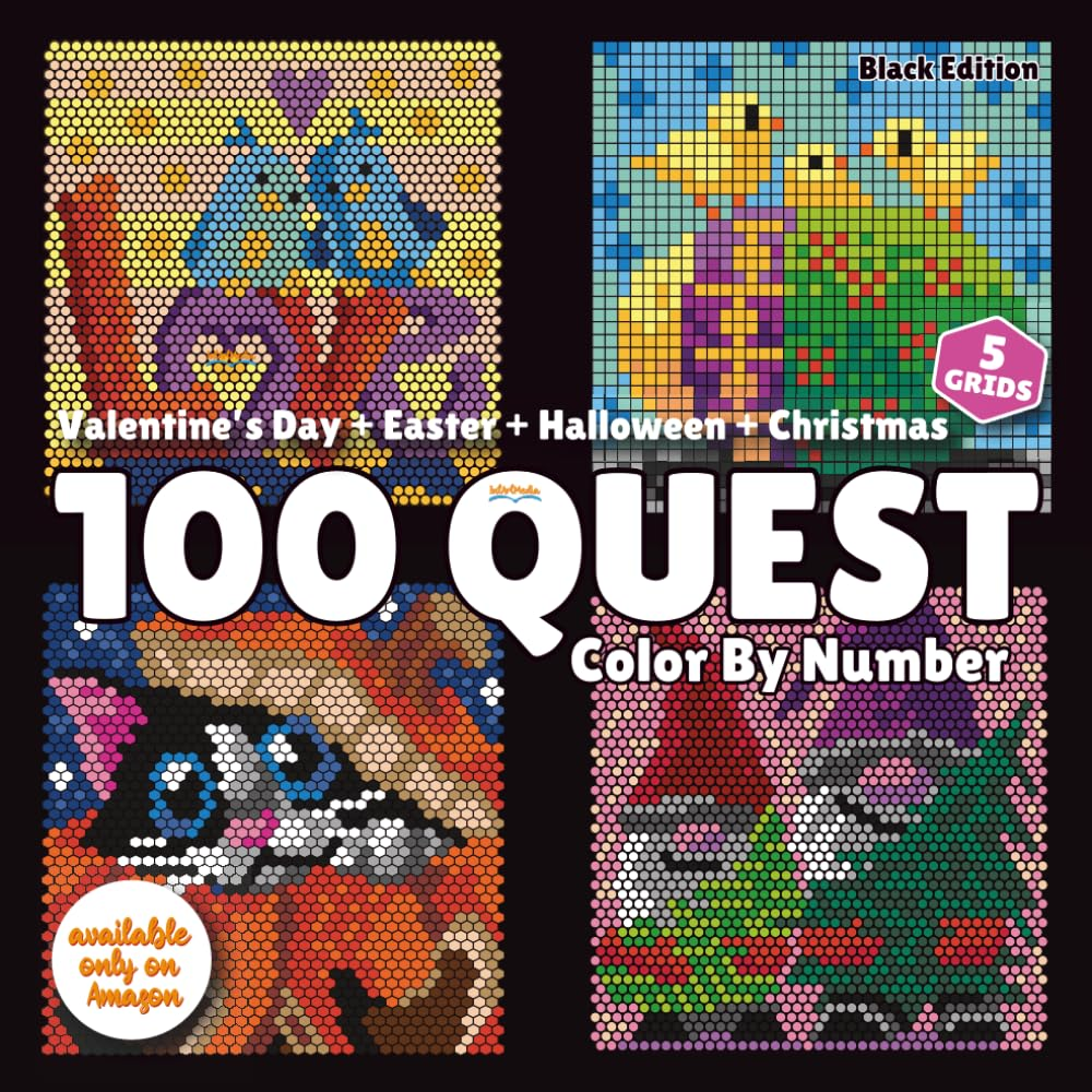 100 QUEST Color by Number: Valentine&rsquo;S Day + Easter + Halloween + Christmas (Black Edition): a Holiday-Themed Mystery Mosaic Color by Number Puzzle Book for Adults and Teens