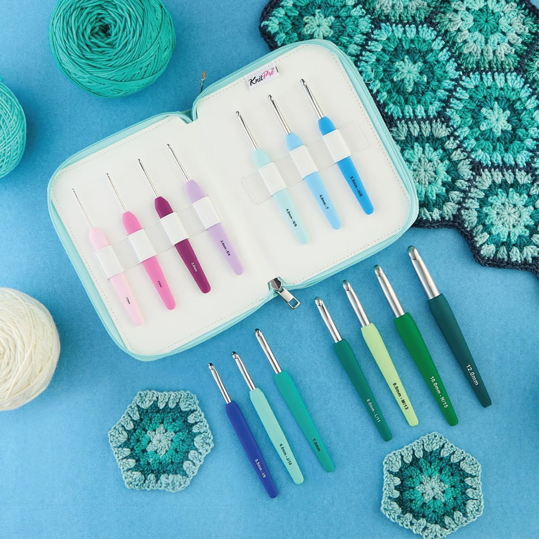 Knitpro Waves Crochet Hooks Set &ndash; 14 Hook Grande Gift Set, Sizes 2 &ndash; 12Mm, Ergonomic Soft Handles, Soft Rubber Grip for Arthritic Hands, Light & Comfortable Crochet Needles for Knitting image number 2