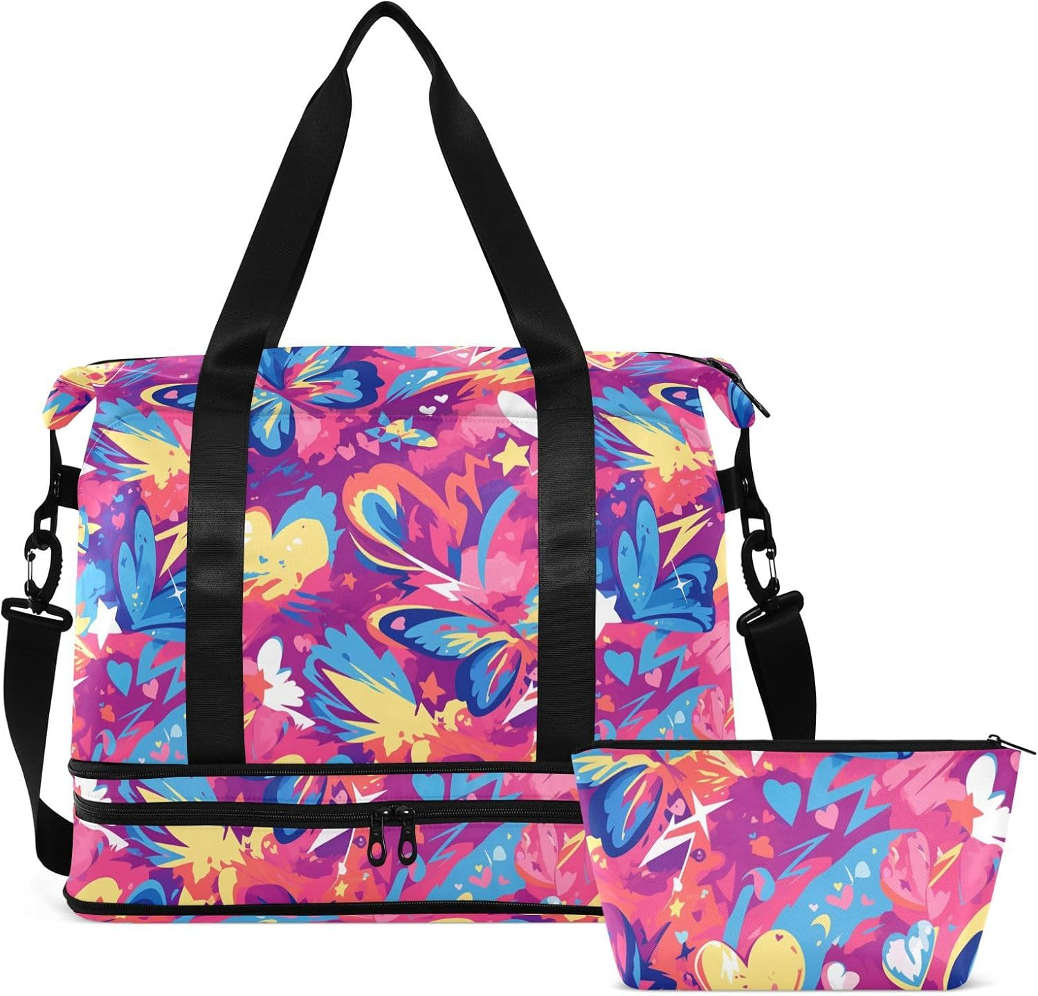Graffiti Artwork Butterflies Hearts Purple Large Bags Weekender Duffel Bag Tote Bag with Adjustable Strap for Travel 2 Pcs Set, Graffiti Artwork Butterflies Hearts Purple, 1 Size image number 2