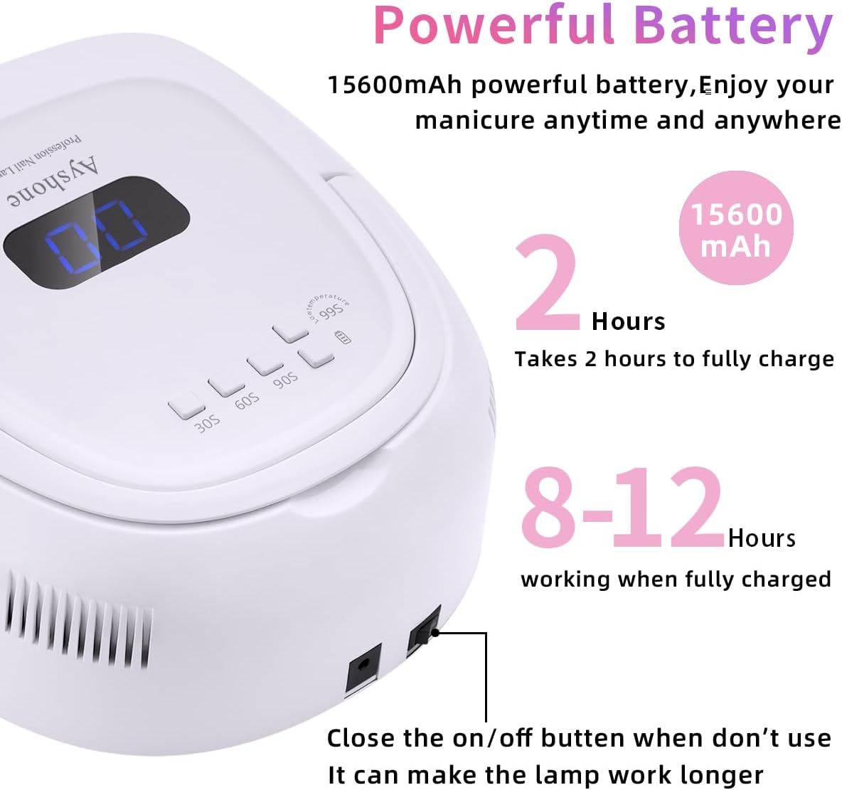 Ayshone Rechargeable LED Gel Nail Lamp,60W Cordless UV Led Nail Light Nail Dryer for Gel Nails with Lifting Handle Touch Sensor LCD Screen(White) image number 6