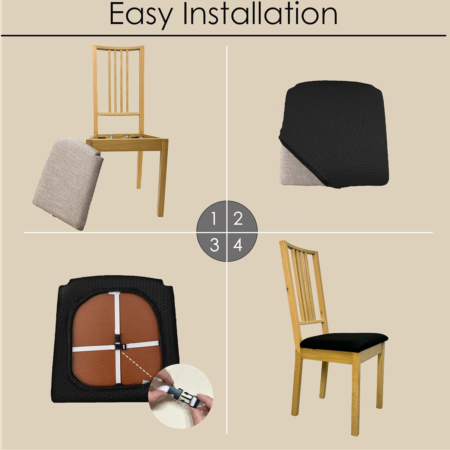 Waterproof Dining Room Chair Seat Covers Set of 6，Stretch Jacquard Fabric Stretch Removable Washable Slipcover for Kitchen Seat Cushions (6, Black) image number 6