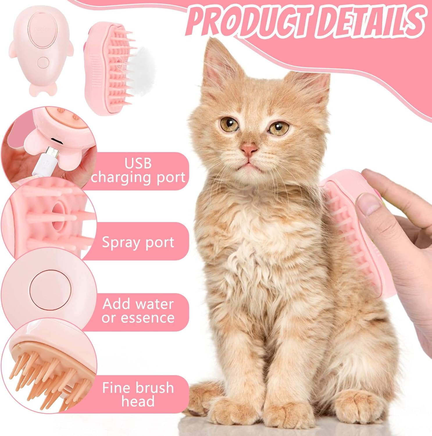 Pack of 2 Pet Cat Brush, Dog Brush, 3-In-1 Steamy Cat Brush, Self-Cleaning Slicker Brush, Removes Loose Undercoat, for Cats, Dogs, Massage, Self-Cleaning - C image number 2