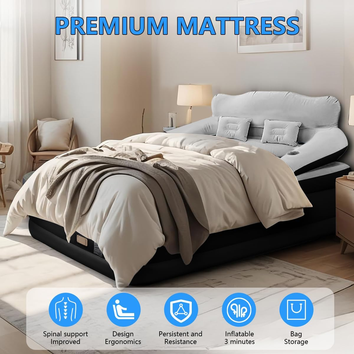 Queen Size Air Mattress,Queen Size Air Mattress with Headboard and Pillows,Pvc Waterproof Material,Skin-Friendly Flocking Surface,135 * 190 * 40CM,300KG MAX, Suitable for Family Camping image number 5