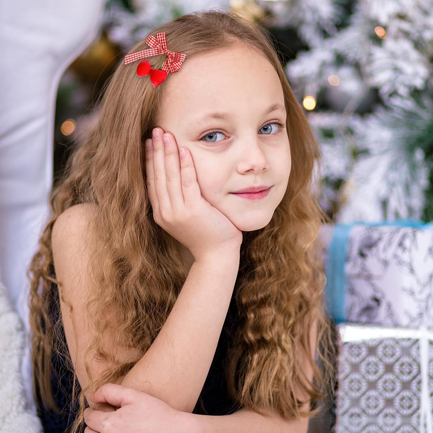 RTRTGS Pack of 6 Cherry Bow Hair Clips Red Hair Accessories for Women, Red Bow Hair, Cherry, Velvet Alligator Cherry Hair Clips for Ponytail, Winter Christmas Decoration image number 5