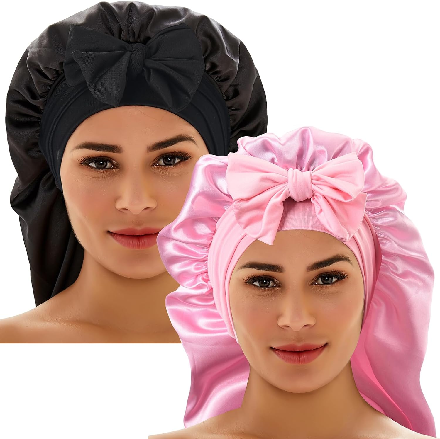 2 Pcs Silk Bonnet for Sleeping, Braid Bonnet Satin Bonnet with Tie Band Sleep Cap for Women Men Long Curly Hair Braids Black image number 1