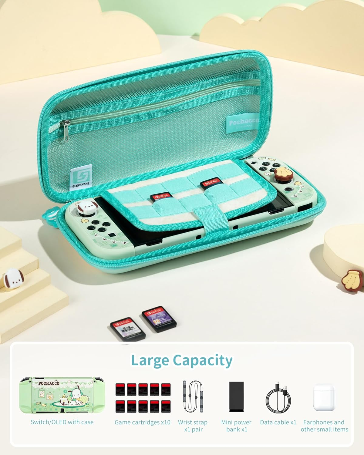 Kuitmor Pochacco Slim Carrying Case Compatible with Nintendo Switch/Switch OLED, Hard Shell Protective Cover Travel Bag Fit Switch Console & Accessories - Candy Party