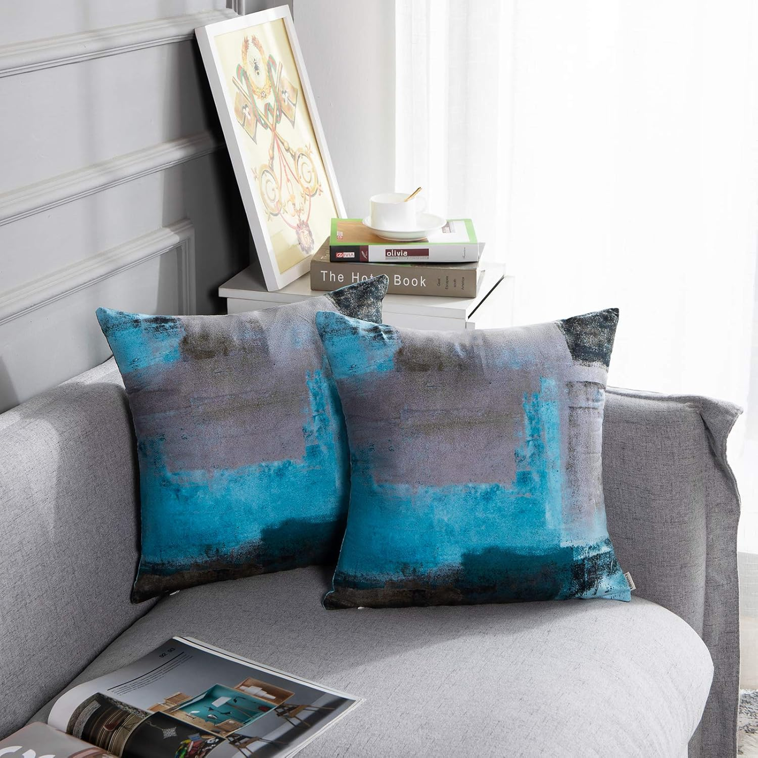 Britimes Throw Pillow Covers Modern Home Art Decor, 18 X 18 Inches Set of 2 Pillow Cases Decorative, Abstract Oil Painting Pillowcases for Bedroom, Living Room, Cushion Couch Sofa, Teal Grey image number 4
