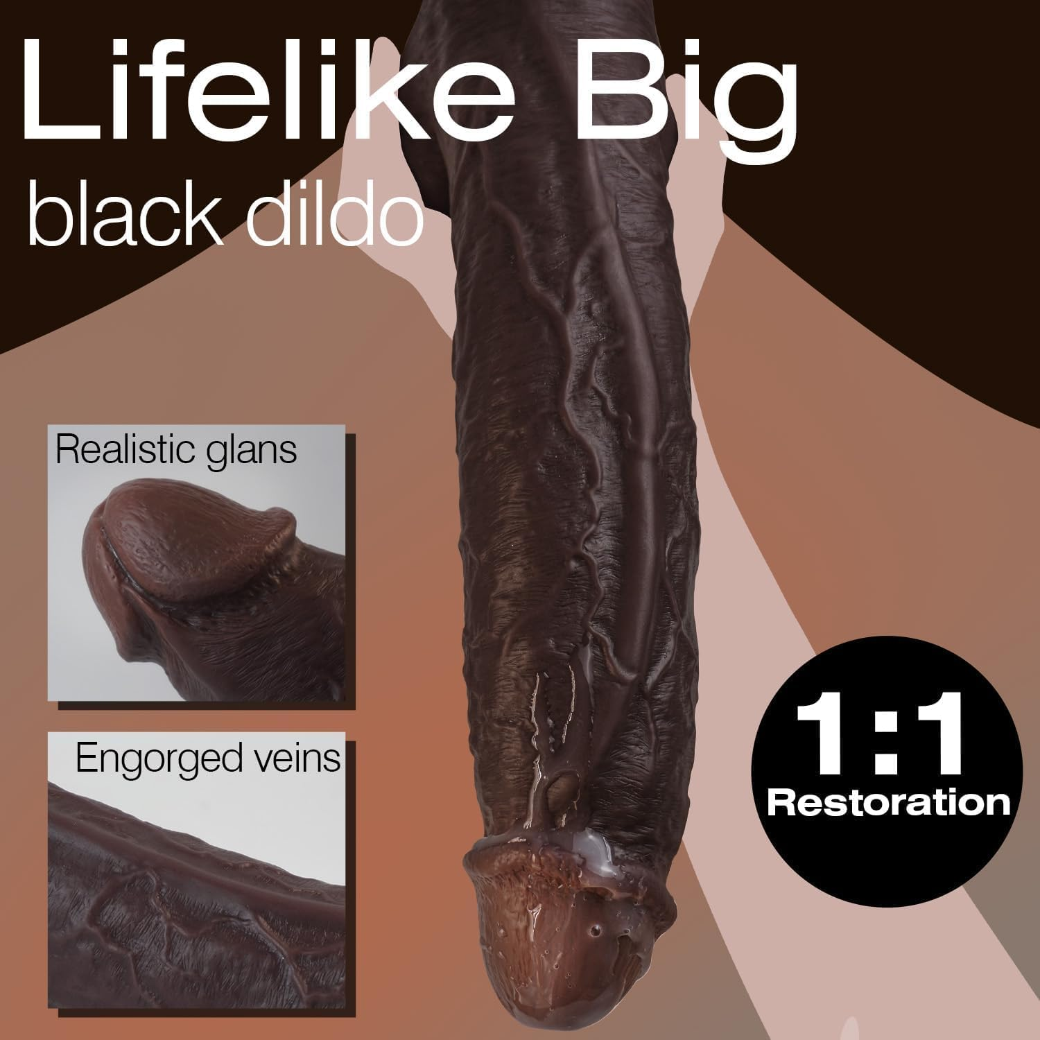 Funflick 28Cm Realistic Big Black Dildo Sex Toys, Skin-Like Huge Thick Dildo with Strong Suction Cup for Hands-Free, Lifelike Silicone Sexual Wellness Products for Vagina Anal Stimulation, Strap on Adult Toys for Women Lesbian Couple image number 4