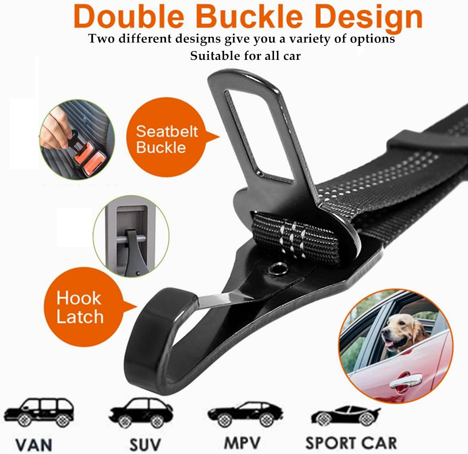 Dog Seat Belt,Adjustable Dog Seatbelt for Car,3 in 1 Dog Safety Belt Leash,Reflective Bungee Dog Car Seatbelt with Hook& Buckle, Dog Car Seat Belt with Aviation Zinc Alloy Rotatable Carabiner image number 2