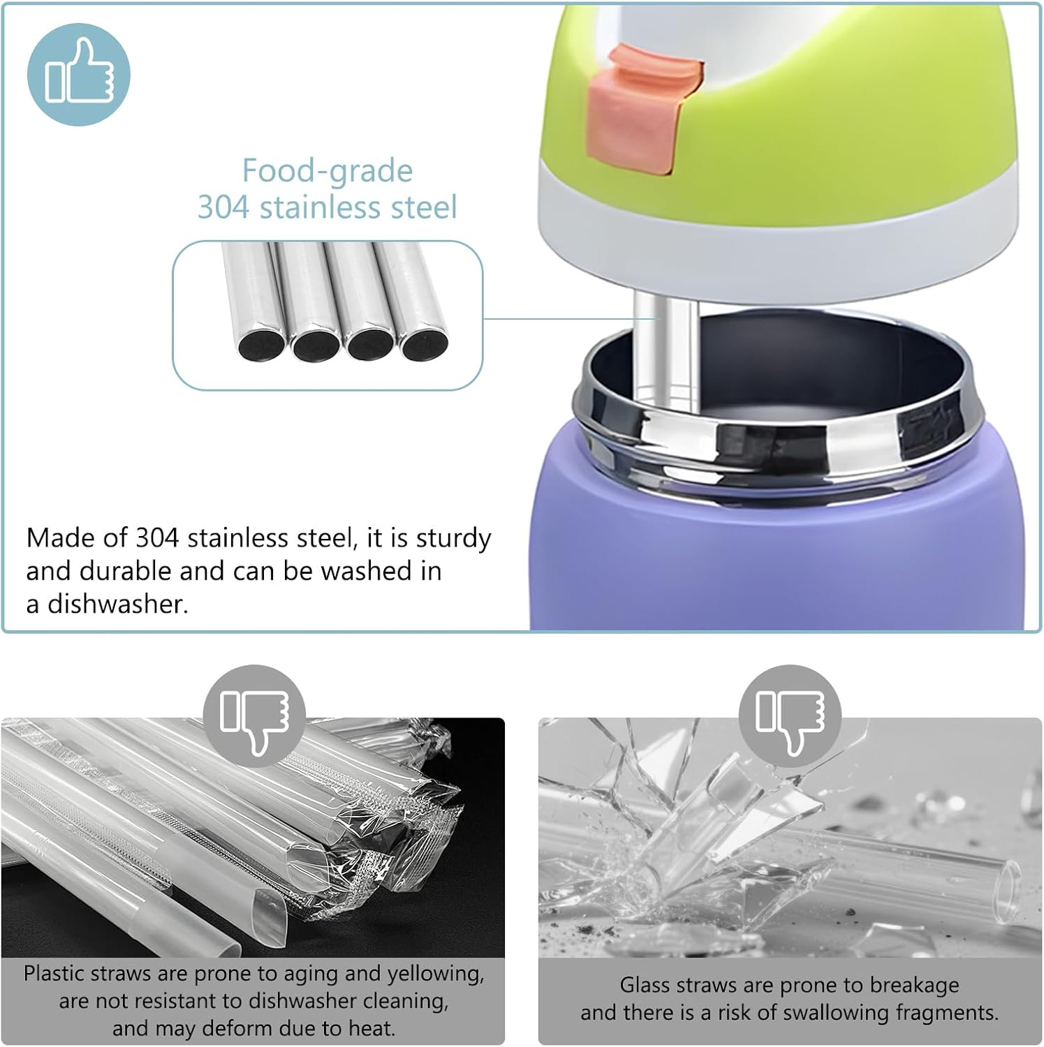 6 Pack Stainless Steel Straws Compatible with Owala Water Bottle - Stainless Steel Replacement Straws Compatible with 24Oz & 32Oz Owala Water Bottle, Includes 2 Cleaning Brushes (21Cm) image number 1