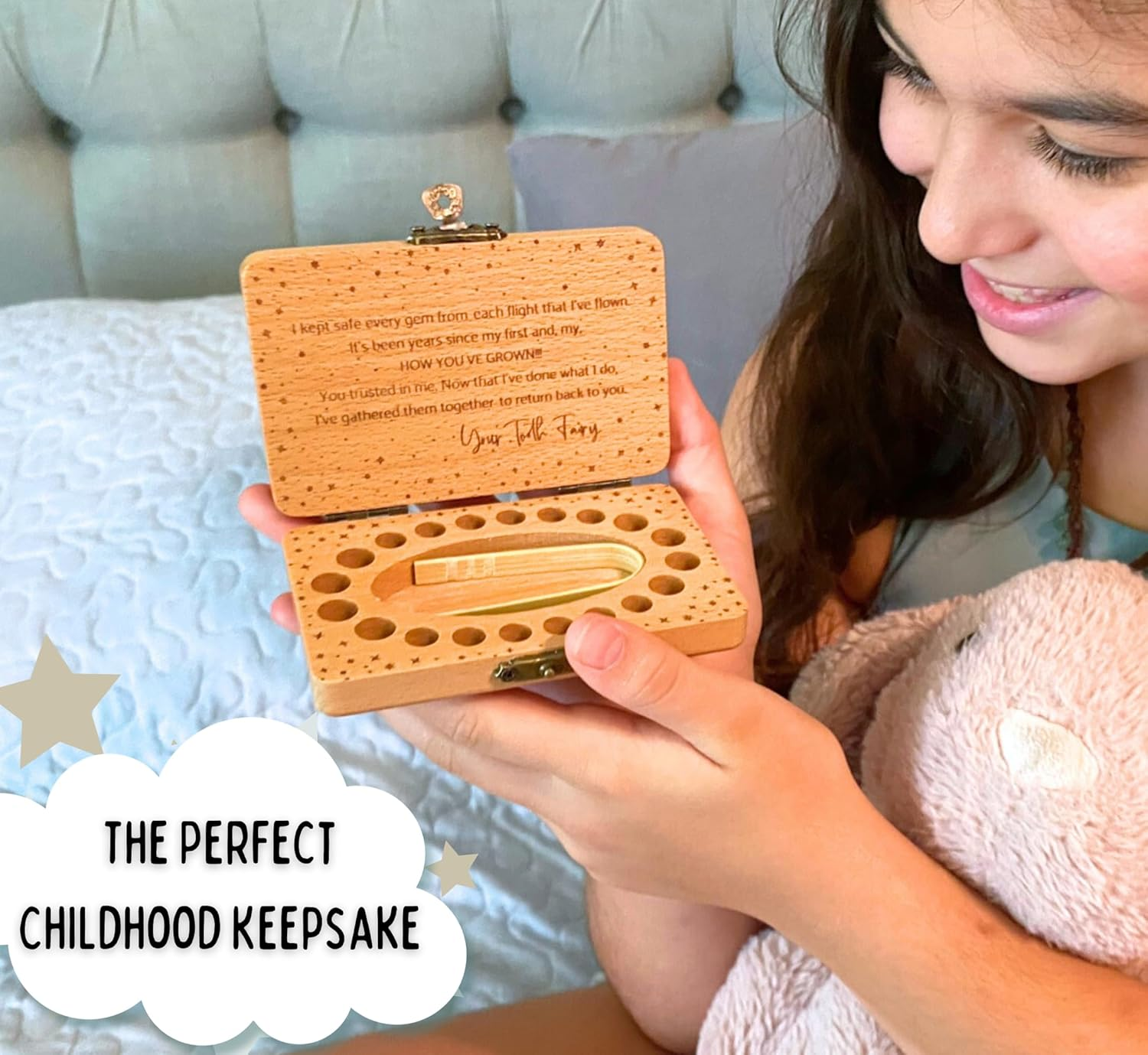 Tooth Fairy Keepsake Box for Girls & Boys, Tooth Fairy Box for 20 Baby Teeth, Wooden Tooth Storage & Saver Box for Lost Teeth, Tooth Fairy Gifts for Birthday (Natural Beech) image number 3