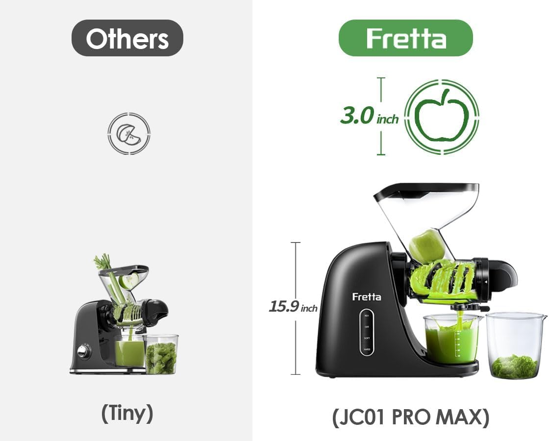Fretta Masticating Juicer Machine, 76Mm Extra-Large Feed Chute Slow Juicer, Cold Press Juicer Machine, Fit Whole Fruits & Vegetables, Space Efficiency, 2 Speed,Bpa Free, 200W (Black)