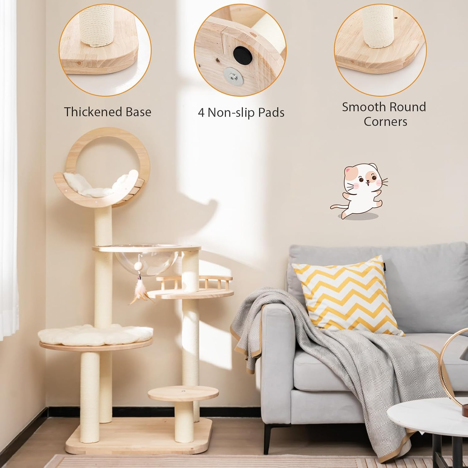 Costway Building Block Cat Tree, 4-In-1 Large Wooden Cat Tower with Space Capsule Nest, Sisal Scratching Posts, Padded Platform, Hanging Toy, Multi-Level Kitty Activity Center for Indoor Cats image number 4