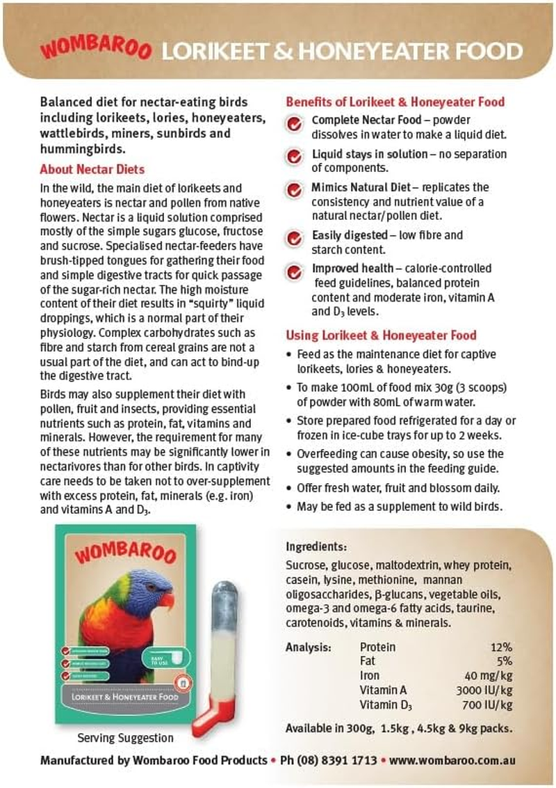 Wombaroo Lorikeet and Honeyeater Bird Food, 300 G