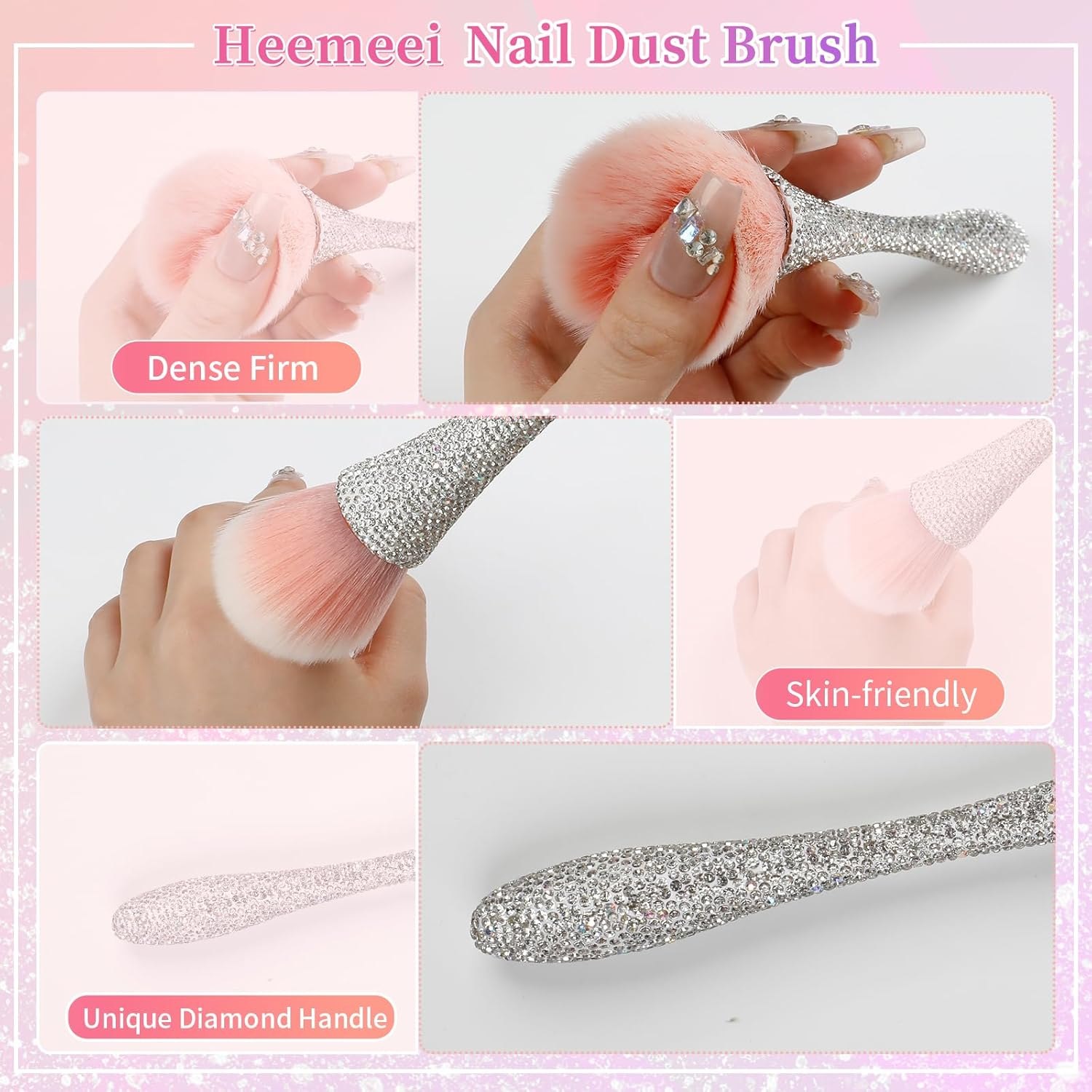 Heemeei Nail Dust Brush with Shiny Rhinestones, Dust Brush for Nails, Fluffy Nail Duster Brush for Acrylic Nails Powder Remover, Acrylic Cleaning Brush Acrylic Nail Tools - White image number 5
