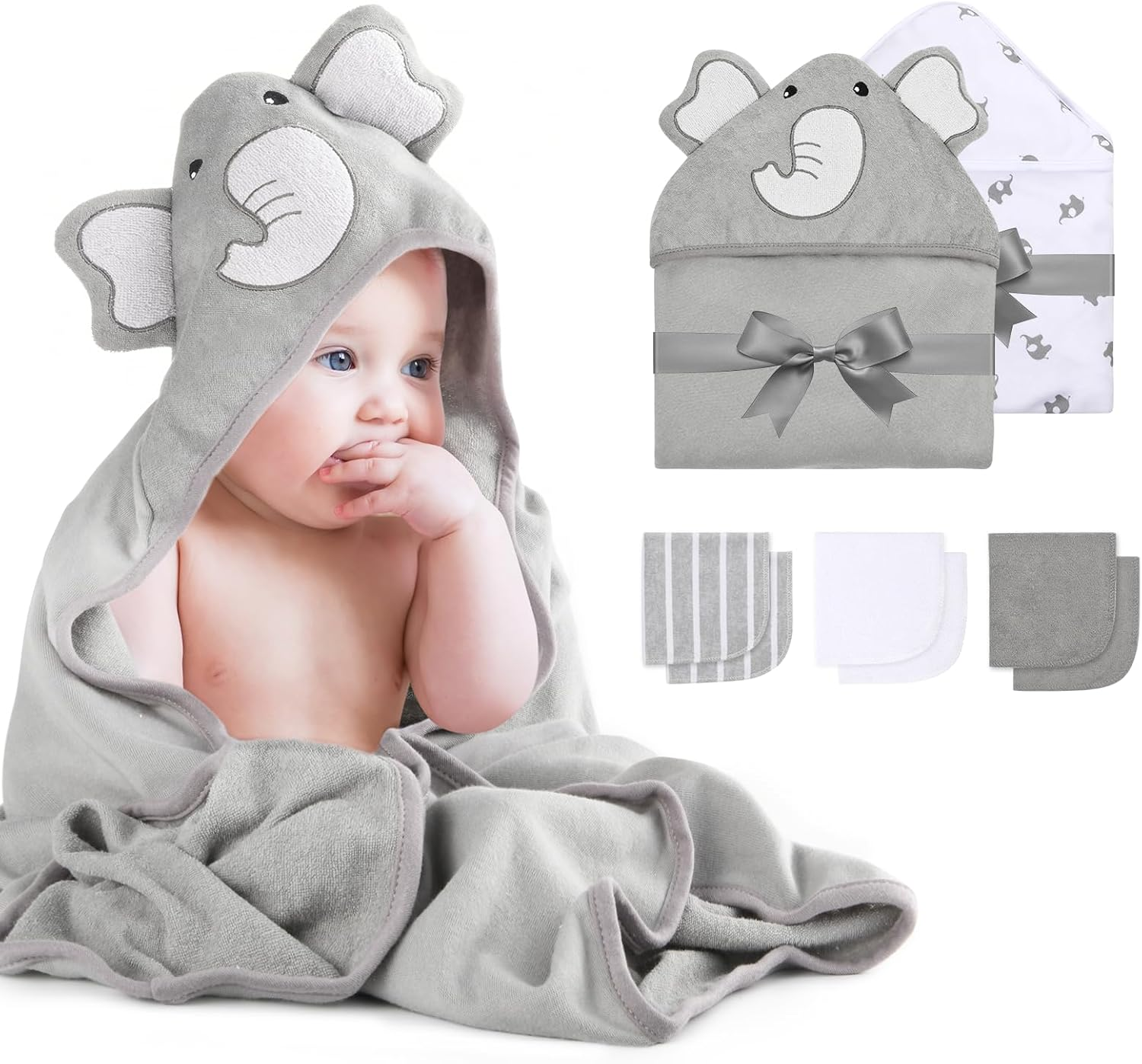 Momcozy Cute Elephant Hooded Baby Towel- 8 Piece Bath Essential, 2 X Towels and 6 X Wash Cloth Set- for Boys or Girls - Soft and Comfort for Newborn, Infant and Toddler image number 4