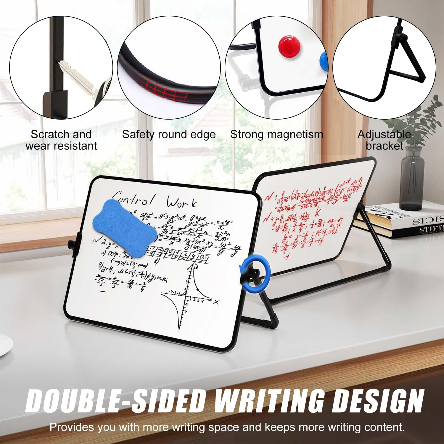 Magnetic Dry Erase Whiteboard with Stand, 42 X 30 Cm Double-Sided Desktop Small White Board Set, with 8 Markers, 4 Magnets and 1 Eraser, Portable Mini Whiteboard for Drawing, Office, Home, School - Silvery image number 3