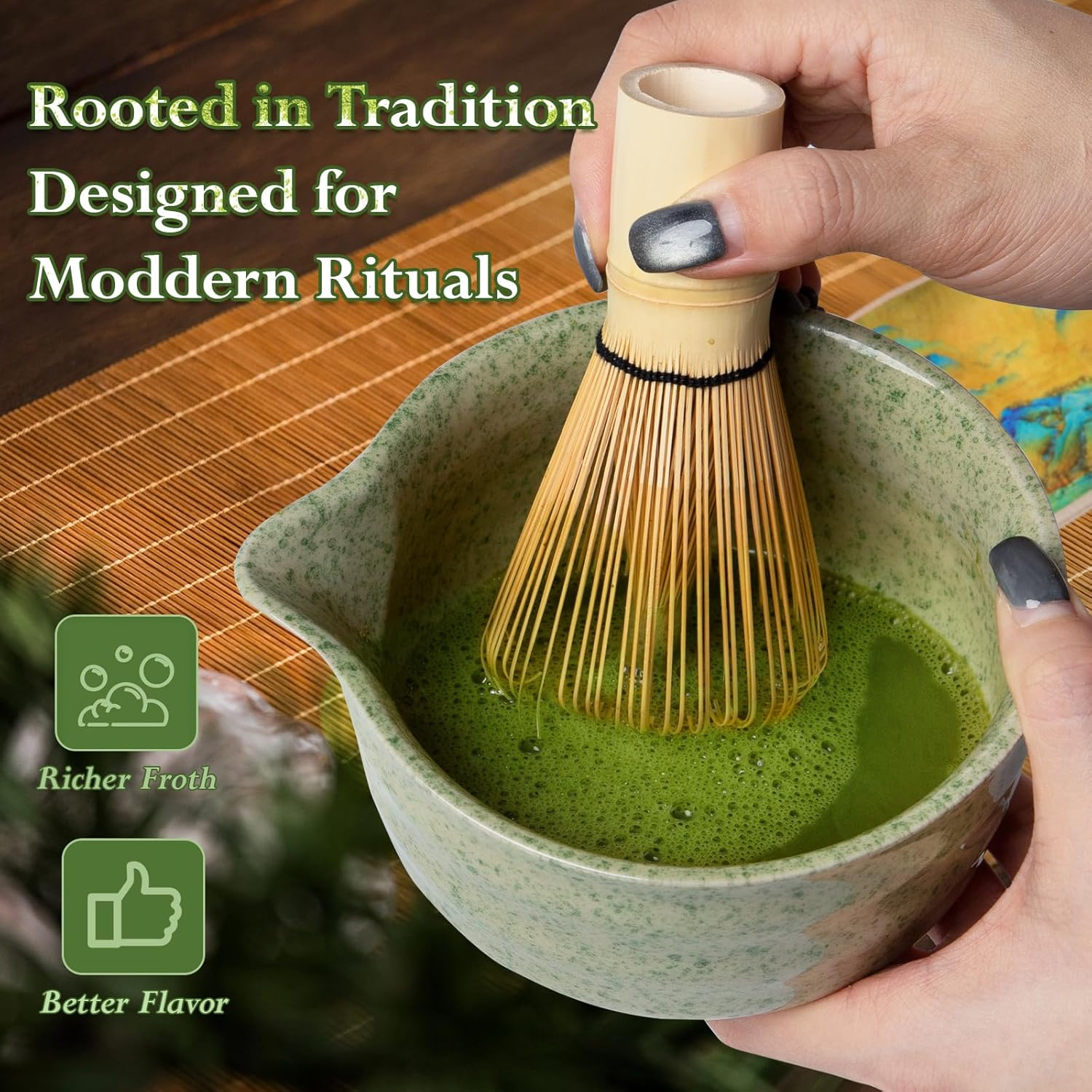 Matcha Whisk Set, 7-Piece Matcha Tea Set &ndash; Ceramic Bowl, Bamboo Whisk & Holder, Scoop & Rest, Sifter, Tea Towel &ndash; Traditional Tea Kit for Home, Kitchen & Gift Giving