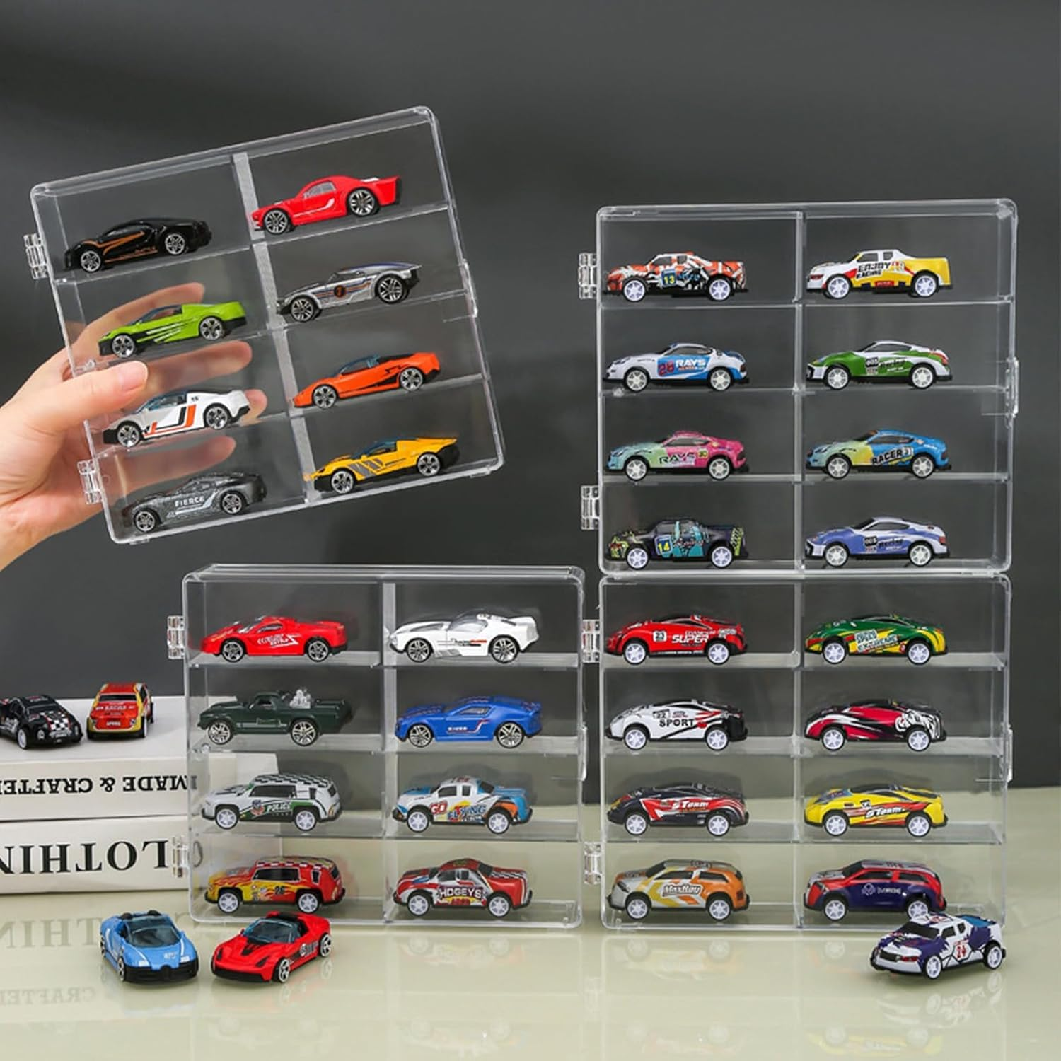 Jarlathy 1/64 Scale Matchbox Wheels Toy Car Display Case Holds 32 Toy Cars Storage Organizer, Clear Display Box with Clear Snap-On Dust Cover 6.5 X 7.5 X 1.6 Inches 4 Pack