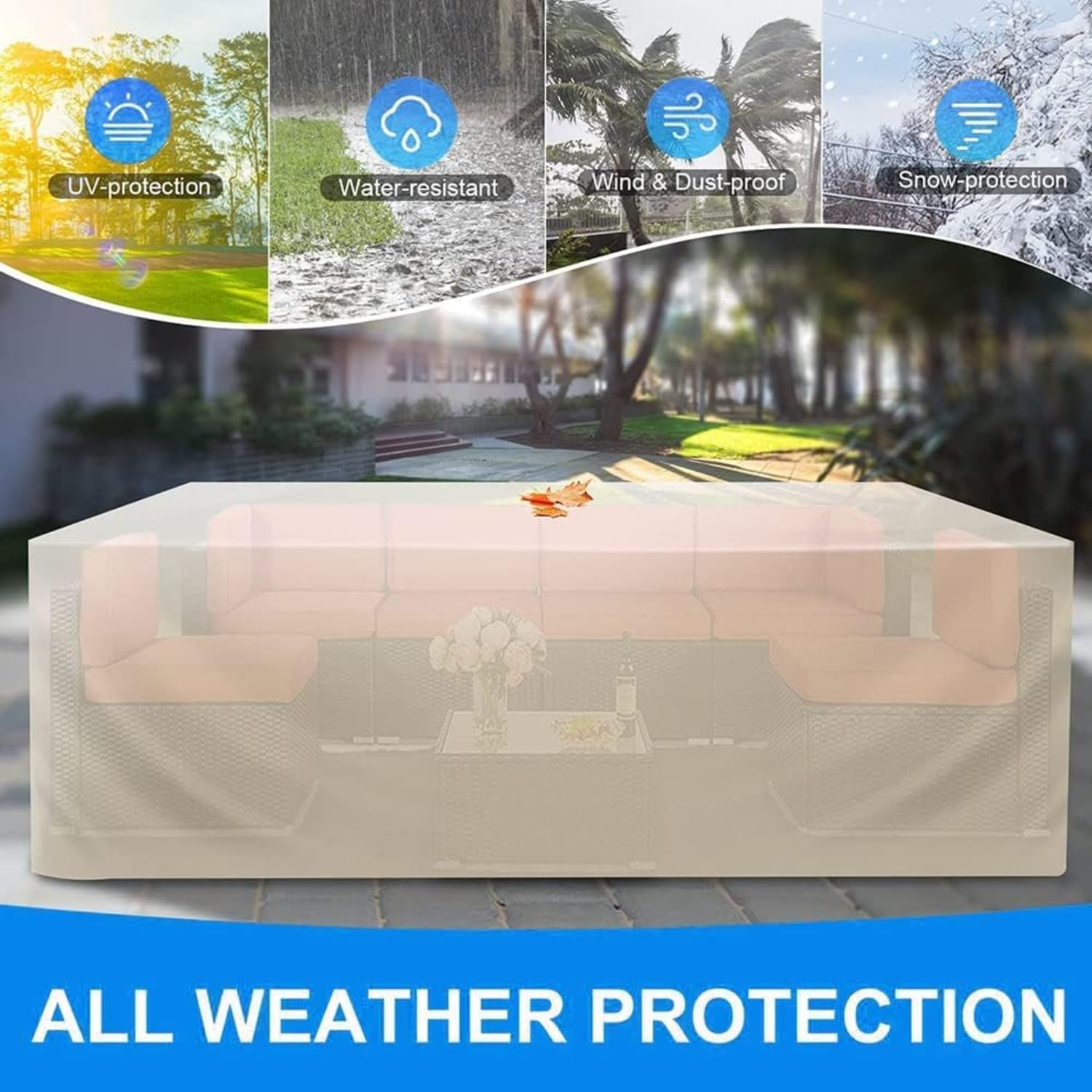 Outdoor Furniture Covers Waterproof, Anti-Uv Patio Furniture Cover, 420D Heavy Duty Oxford Cloth Cover with Handles, Vents and Buckles (Beige, 250*250*90Cm) image number 3