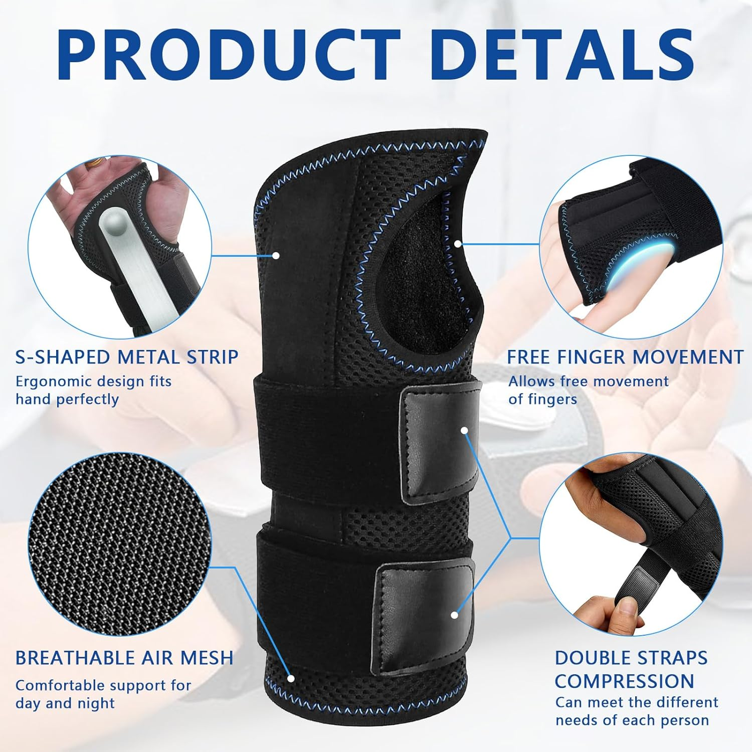 Wrist Splint for Carpal-Tunnel, Carpal Tunnel Relief Wrist Brace with 3 Metal Stabilizers, Adjustable Wrist Support Wrap for Arthritis, Tendonitis, Sprains, Working (Left-M, M) image number 3