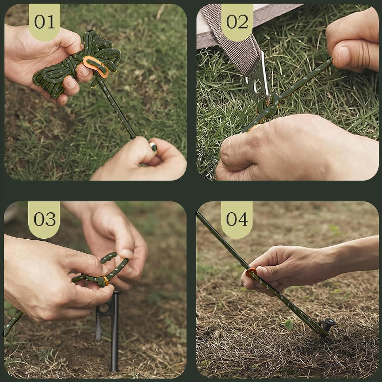 8 Pack 4Mm Guy Lines Ultralight Tent Cords with Aluminum Adjuster Tensioner Outdoor Camping Guylines Ropes for Tent Tarp,Climbing,Hiking Backpacking (Army-Green) image number 6