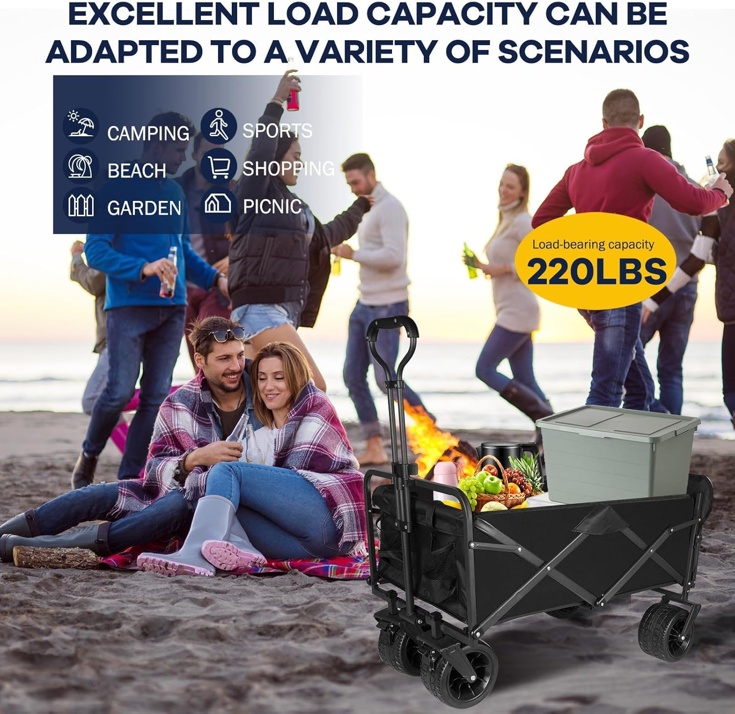 Foldable Wagon with Wheels, XICEN Portable Heavy Duty Collapsible Beach Cart, Large Capacity Utility Wagon for Shopping, Sports, Camping, Garden, Grocery (Black-Open Side) - Beige image number 5