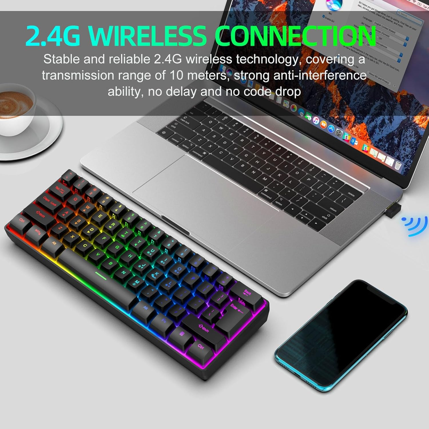 Asixxsix Wireless Keyboard, Ergonomic 61 Keys Gaming Keyboard with RGB Backlit, 2.4 Ghz Wireless USB Receiver, for Computer Desktop PC Laptop, Compact and Portable