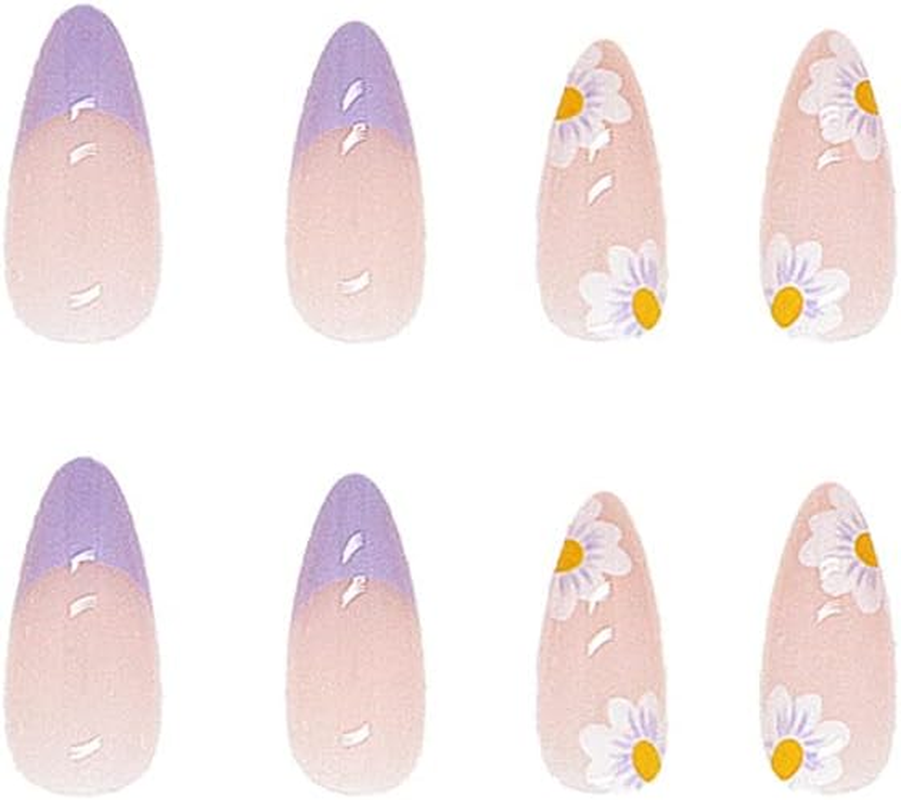 Artificial Nails for Gluing, Flower Press on Nails Almond Long French Sunflower Summer Nails for Gluing Long for Women and Girls (Pack of 24) image number 4