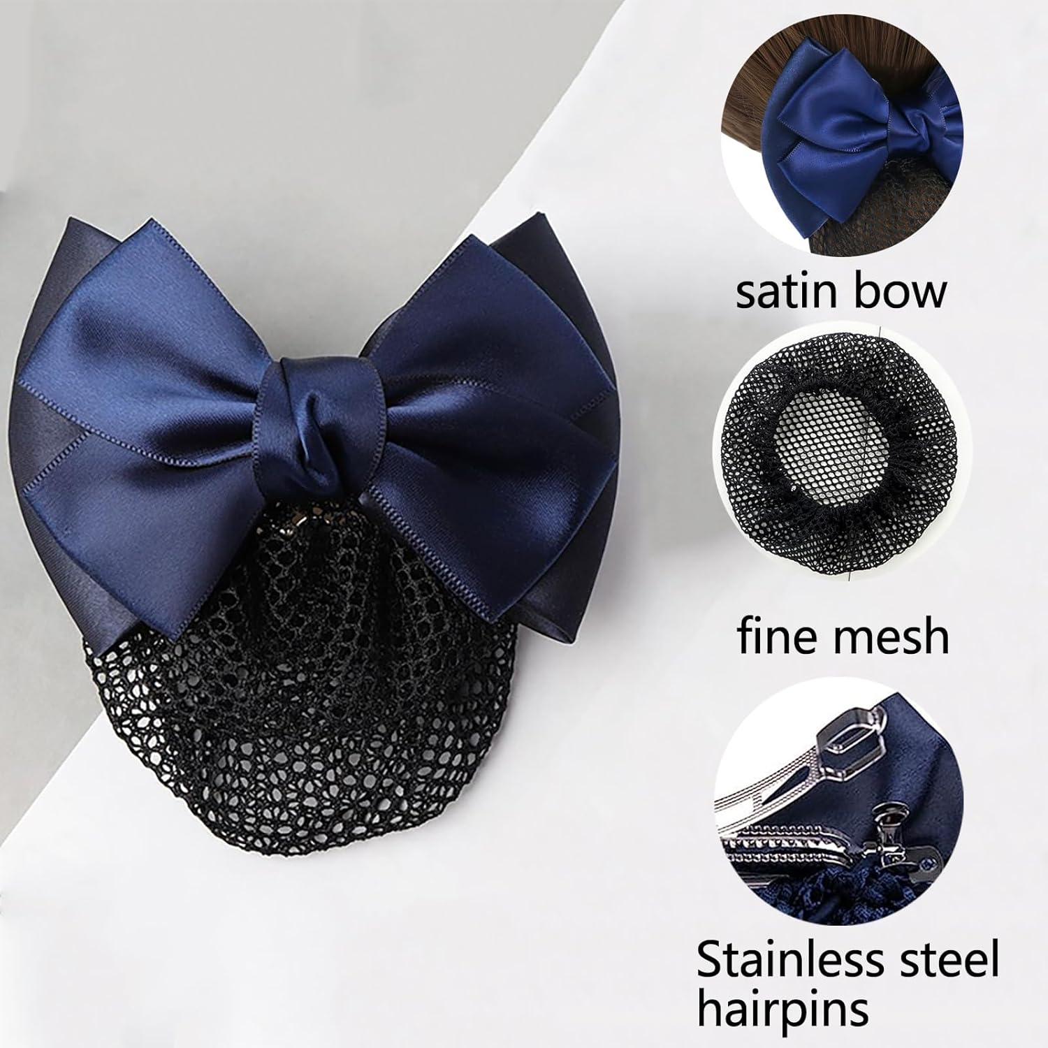 Pack of 2 Hair Bun Bowknot Hair Clip Hair Net Bun Bowknot Hair Net Elastic Mesh Hair Clip Bun Cover Bow Hair Net for Nurse Bench Worker Air Stewardess image number 1