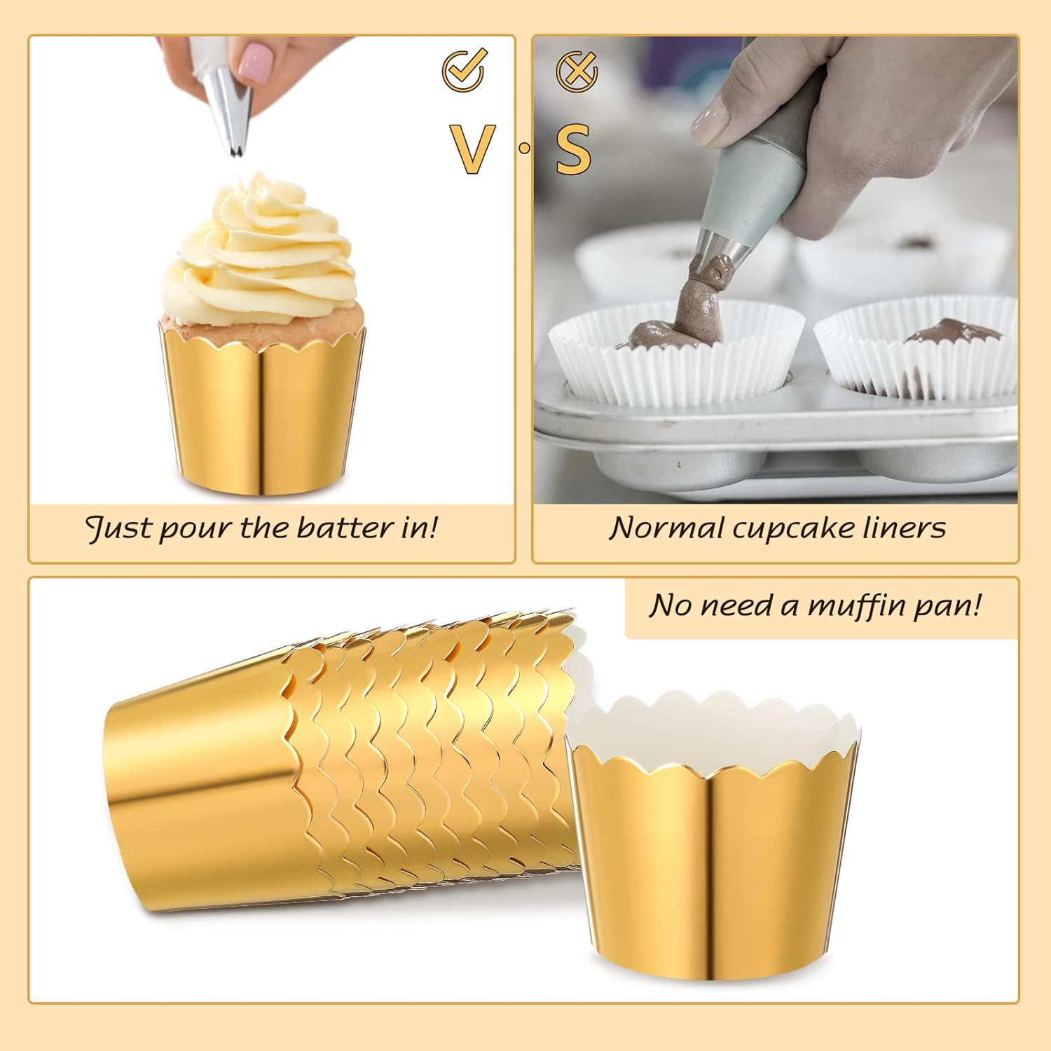 Meanplan 100 Pcs Foil Cupcake Liners Sturdy Muffin Baking Cups Cupcake Wrappers for Christmas Wedding Birthday Party Decoration, 1.97 X 1.77 Inch (Gold) image number 1