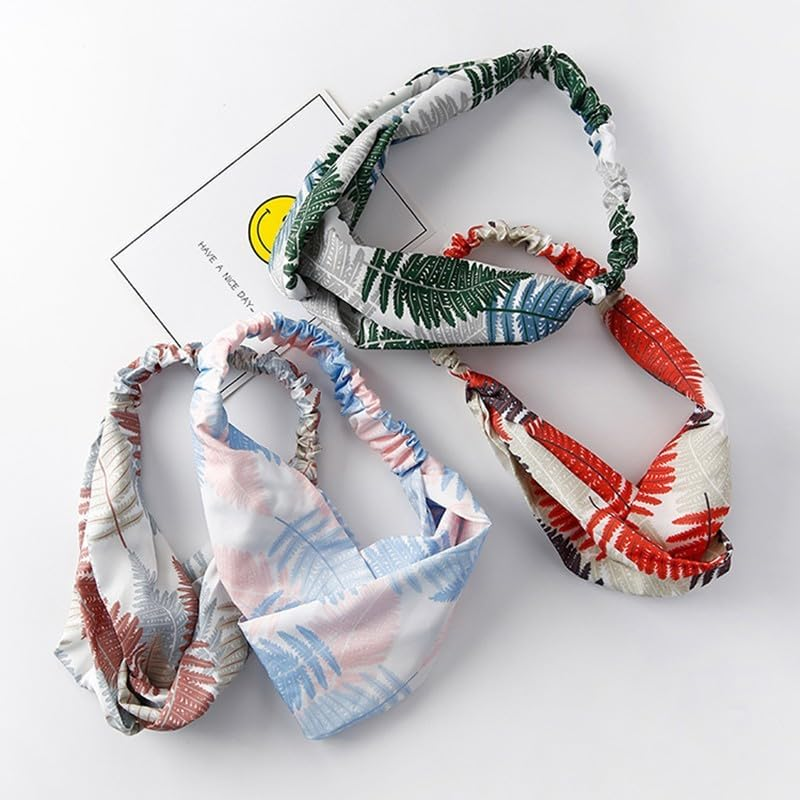 Women Chiffon Floral Print Headband Fashion Bohemian Elastic Cross Hair Bands - Fashion Cross Hair Bands, Versatile for All Occasions - A-Green image number 7