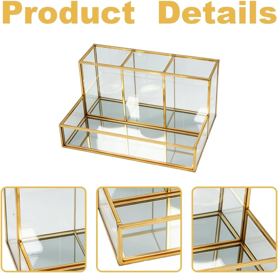 Makeup Organizer, Gold Glass Cosmetic Box, Makeup Brush Organizer Holder, Beauty Organizer Holder, Large Capacity Cosmetic Display Case for Perfume, Jewellery, Brushes image number 4
